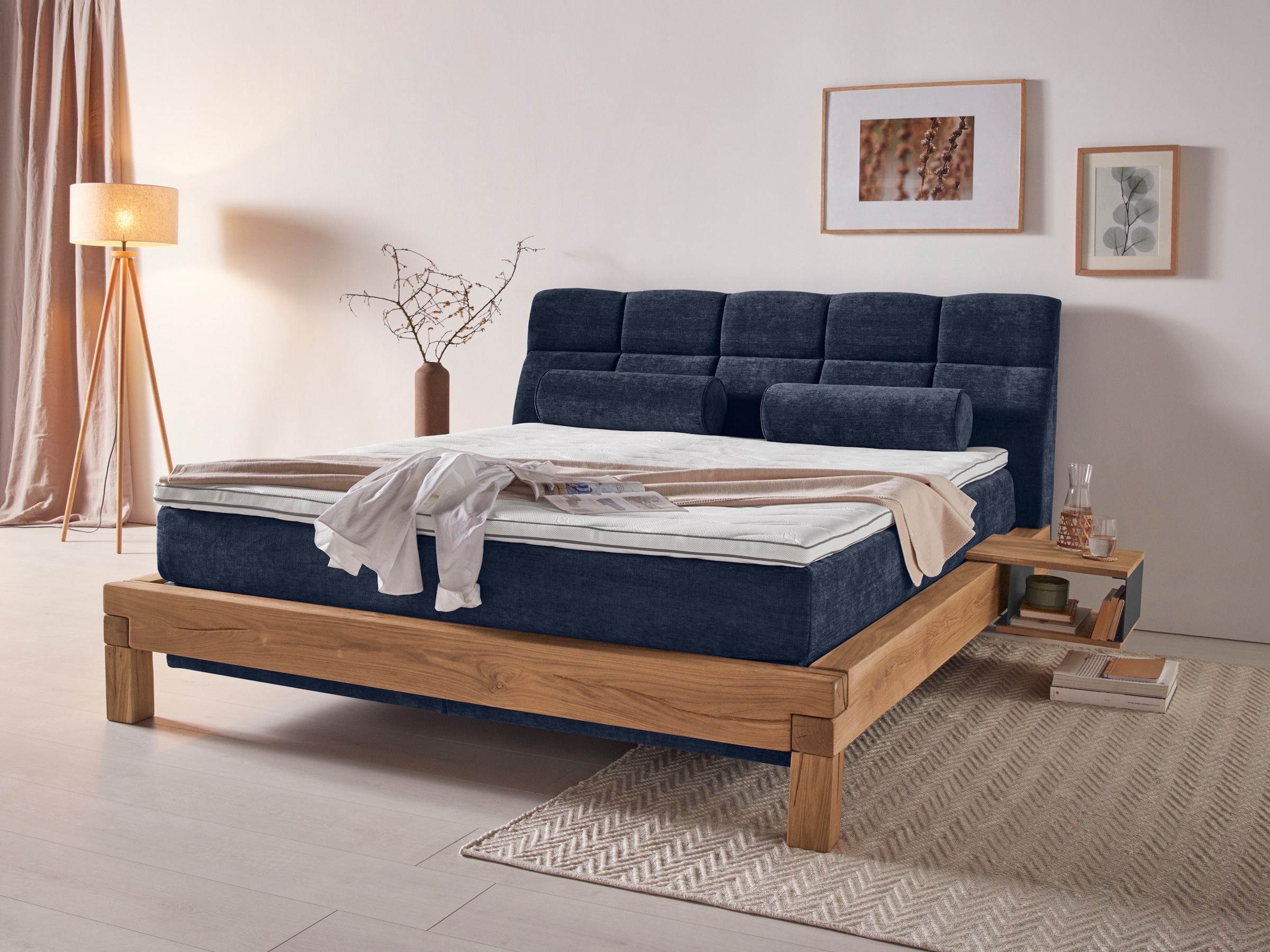 Boxspringbett HOME AFFAIRE "Villads", blau, B:199cm L:231cm, Komplettbetten, Boxspringbett, Liegefläche: 180/200 cm, Inside-Boxspring-Unterbau, recycelte Stoffe