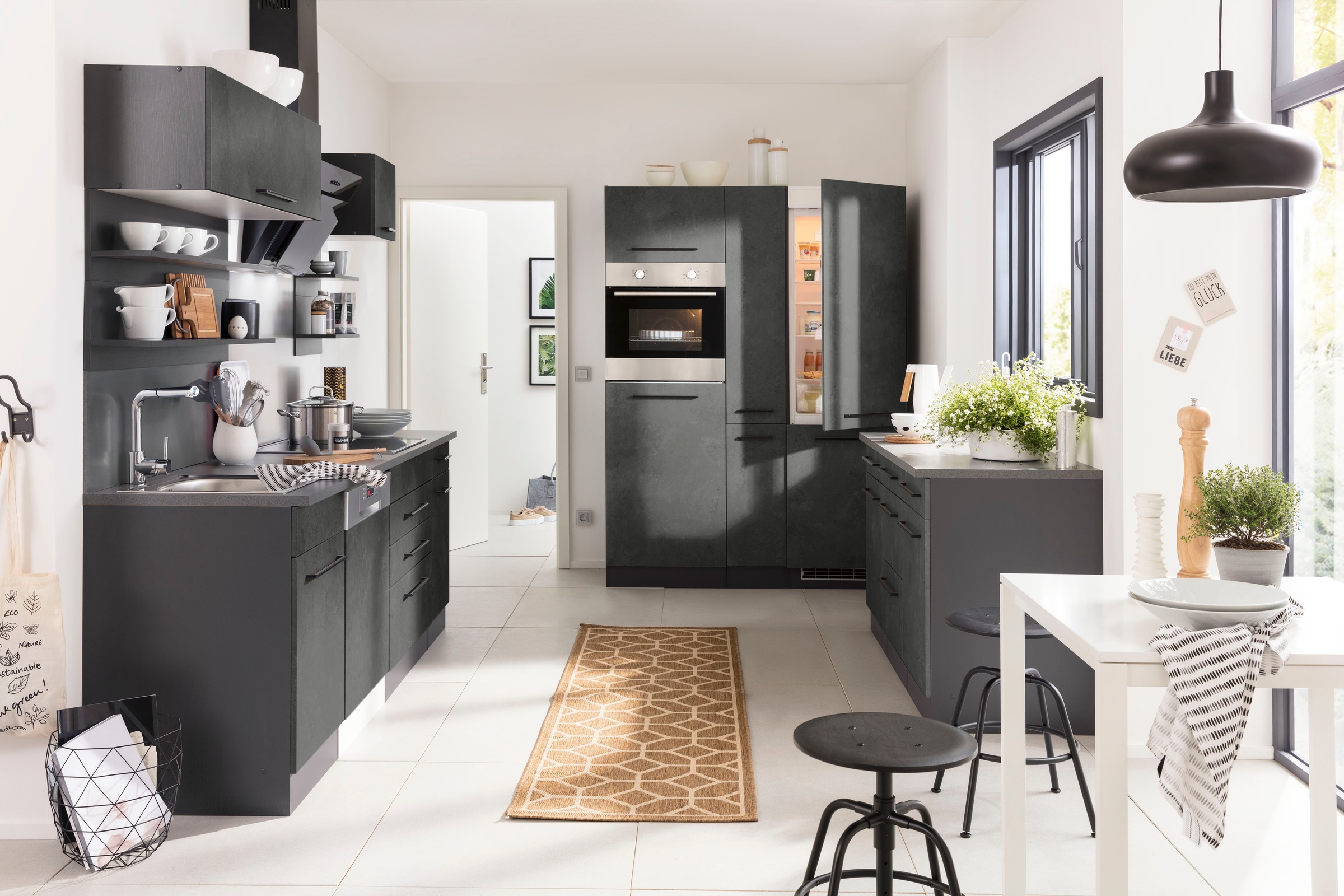 KOCHSTATION Küchenzeile »KS-Tulsa«, ohne E-Geräte, Breite 380 cm, schwarze Metallgriffe, MDF Fronten