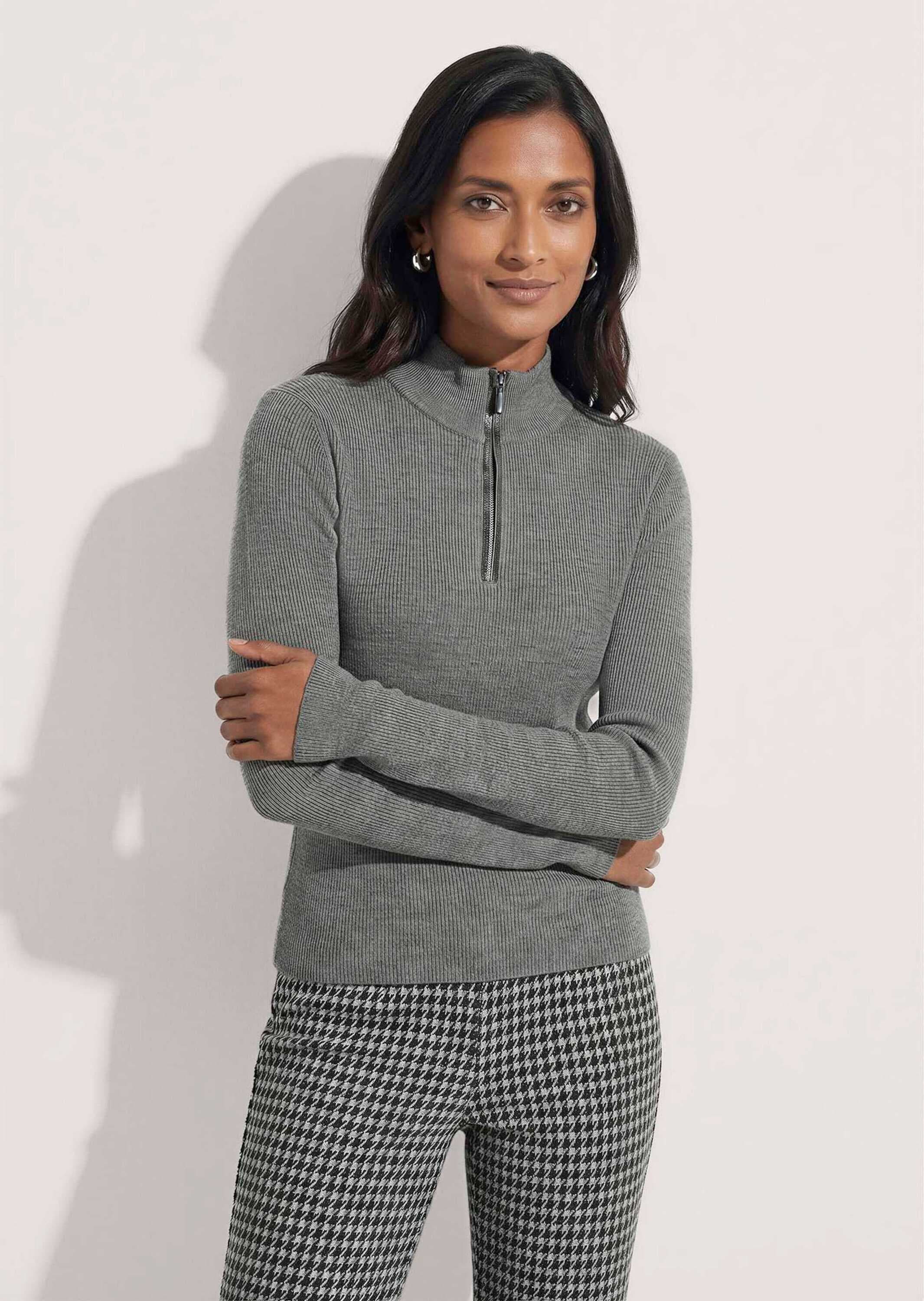 MADELEINE Longpullover »Pullover Troyer mit Stehkragen und Zipper«