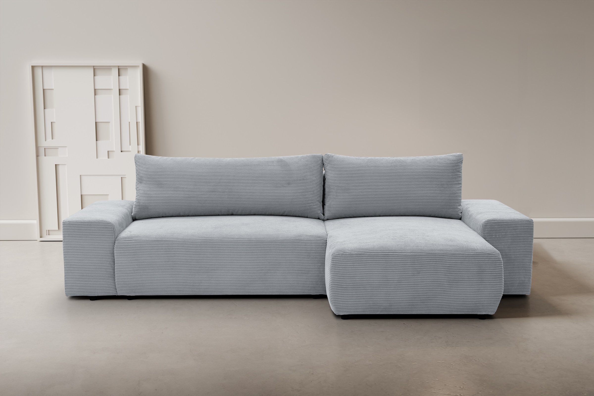 WERK2 Ecksofa "Amsterdam 300 x 150 cm modern und bequem" Cord, L-Form, XXL, Schlaffunktion, Bettkasten