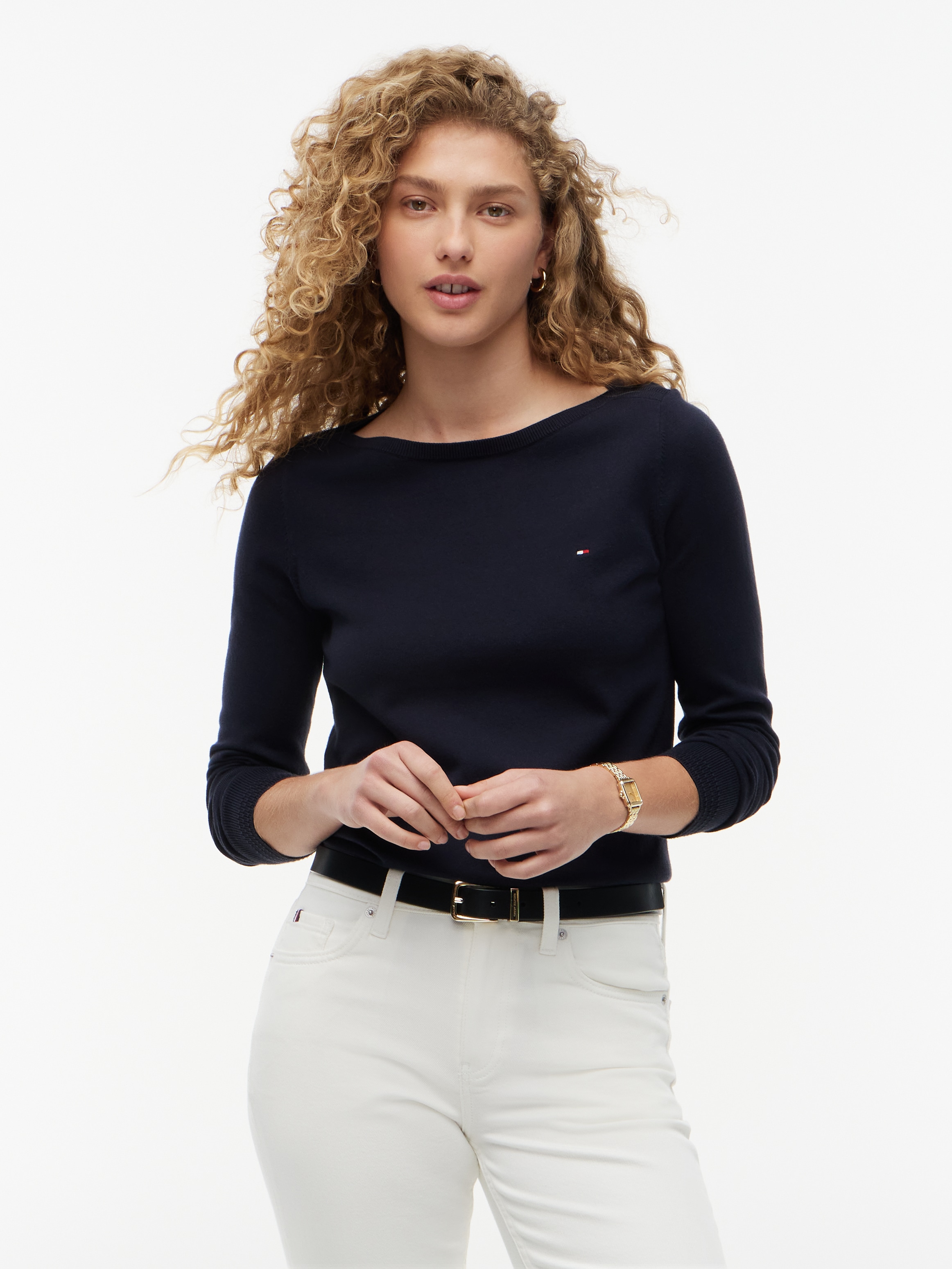 Tommy Hilfiger Strickpullover "CO JERSEY STITCH V-NECK SWEATER" mit Tommy Hilfiger Logo-Flag, U-Boot-Ausschnitt