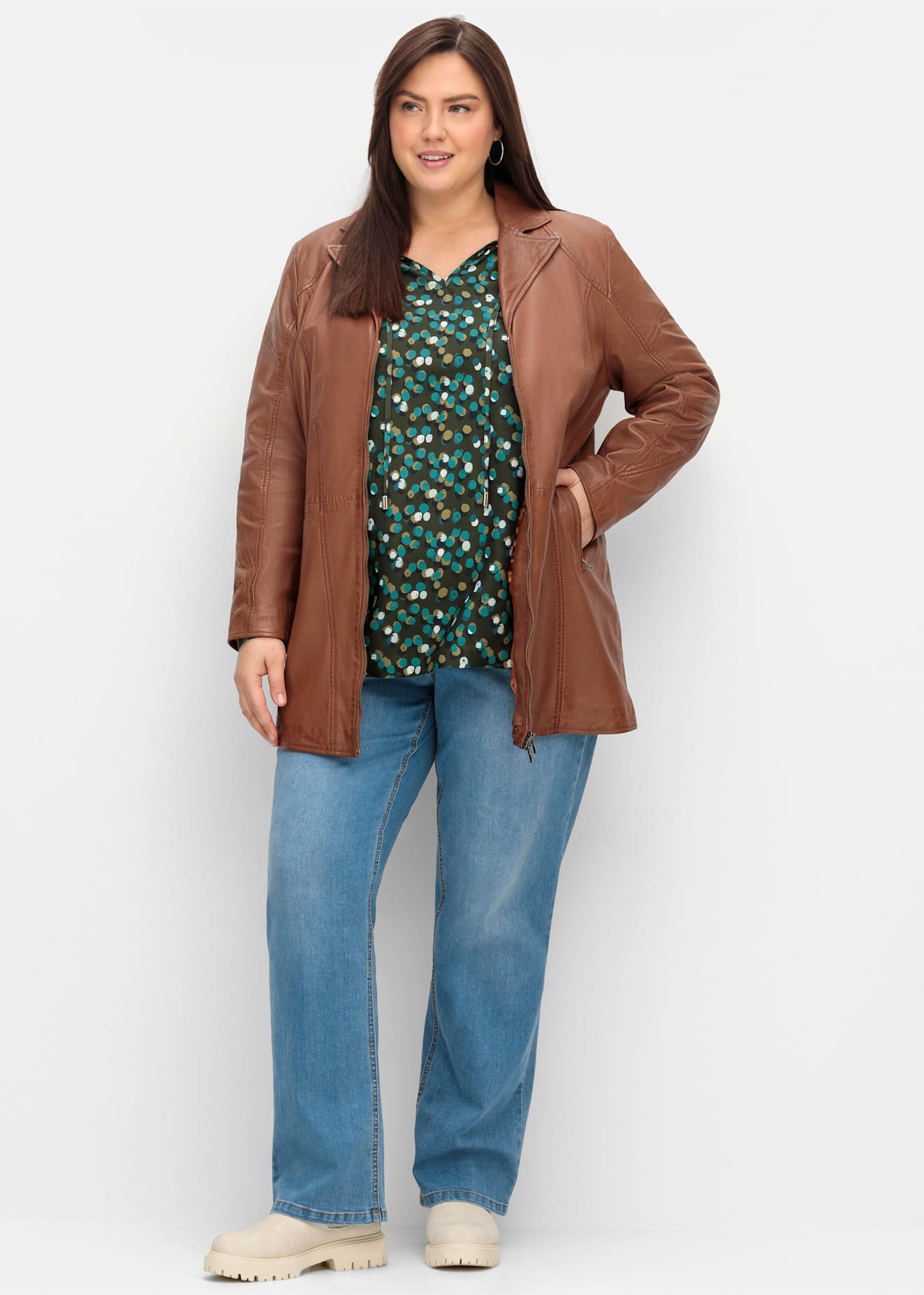 SHEEGO Women Leather Jacket Cognac Size 52 2