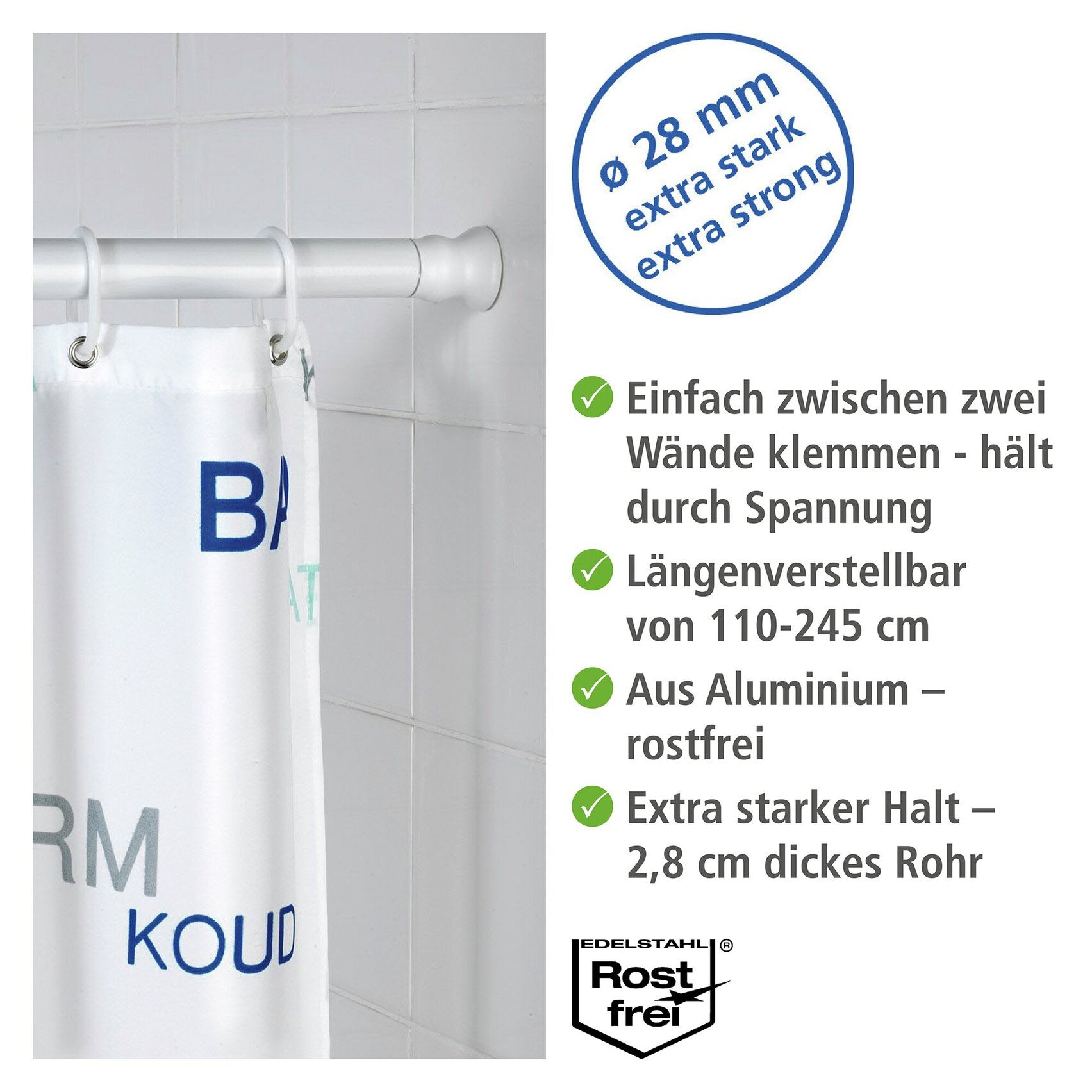 WENKO Klemmstange »Extra stark weiß« Ø 28 mm ausziehbar Teleskopstange für Duschvorhänge, Breite 110-245 cm