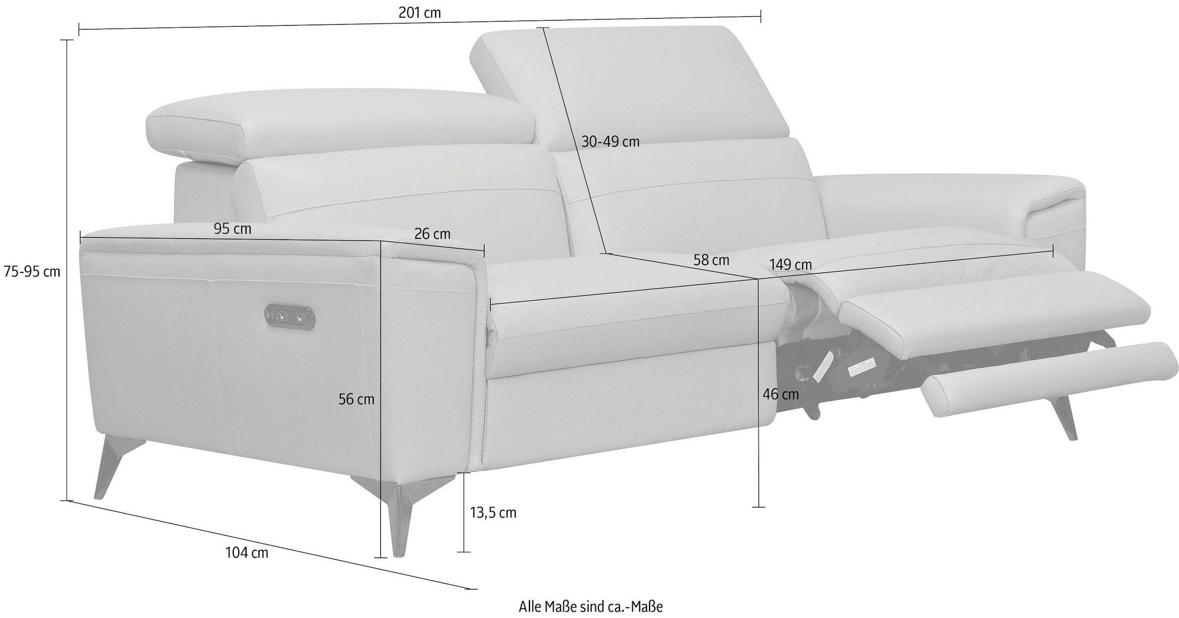 Places of Style 2,5-Sitzer »Theron«, elektrische Relaxfunktion, Kopfteilverstellung, mit USB-Anschluss.