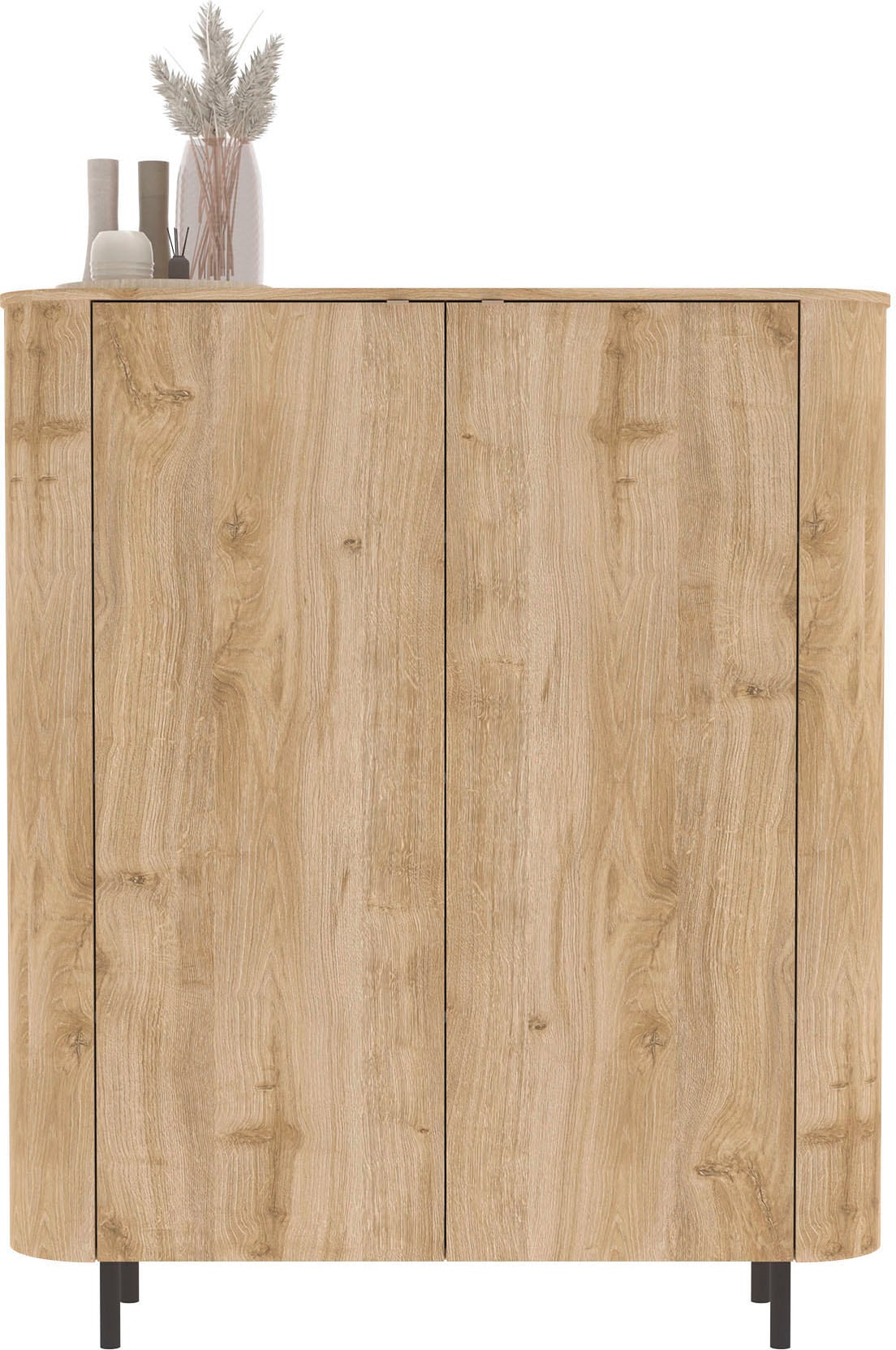 INOSIGN Highboard »Murano, B/H 131/154 cm, 2 Türen, Stauraumschrank, Hochkommode« Formgebogenes MDF, Stirnseiten mit Rundung, Füße und Griffe aus Metall