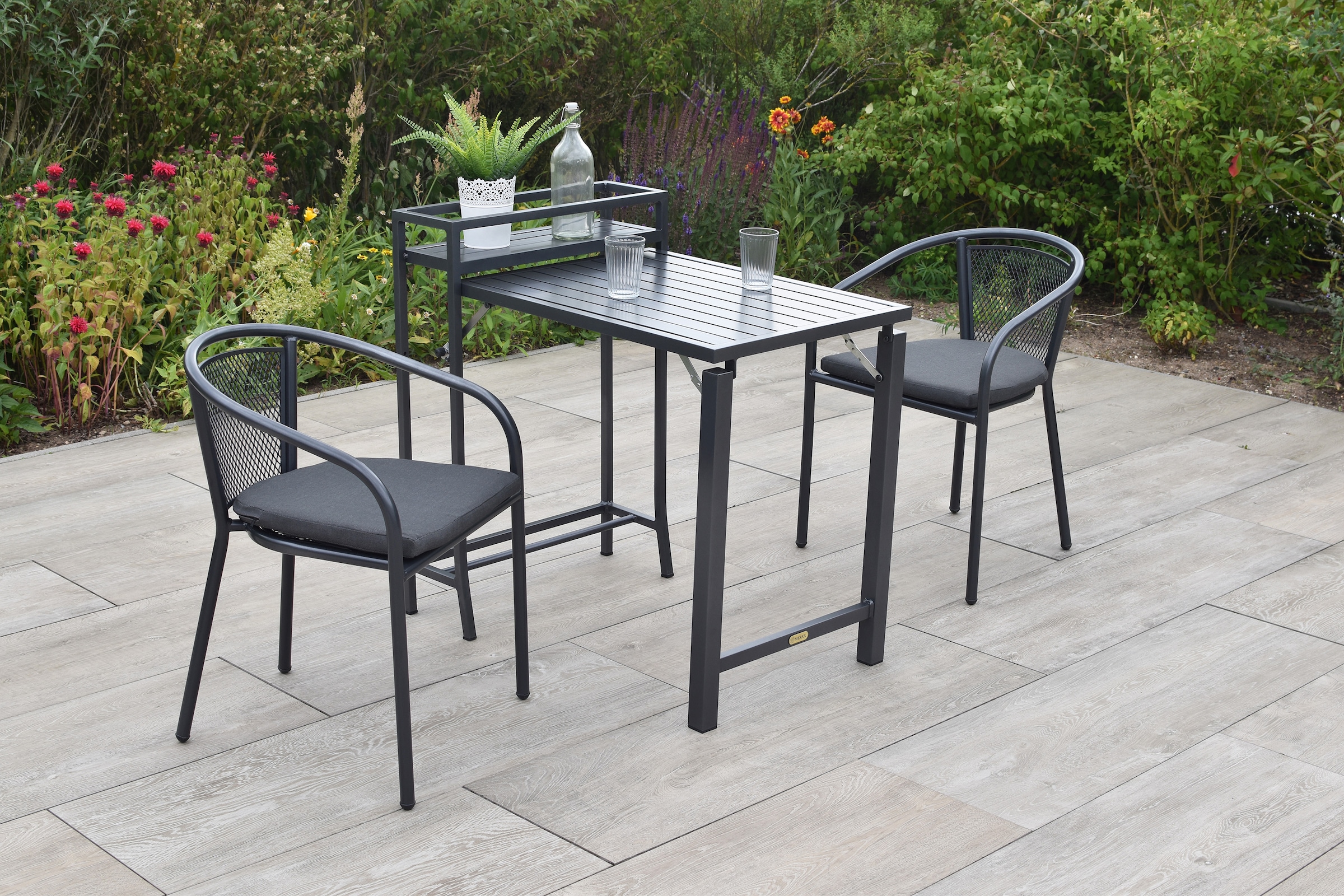 MERXX Balkonset »Delos« Set, 5 tlg. inkl. 2 Bistrosessel, 2 Auflagen, 1 Balkonklappentisch