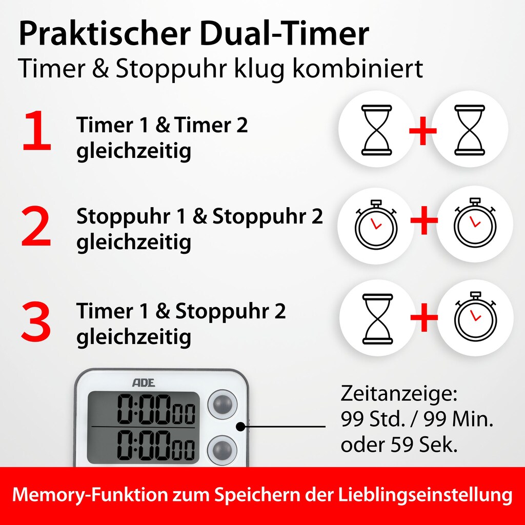 Marken Ade ADE Küchentimer »TD2100«, mit Memory- & Stoppuhr-Funktion und akustischem Alarm zum Stellen und Hängen geeignet Marken Ade ADE Küchentimer »TD2100«, mit Memory- & Stoppuhr-Funktion und akustischem Alarm zum Stellen und Hängen geeignet