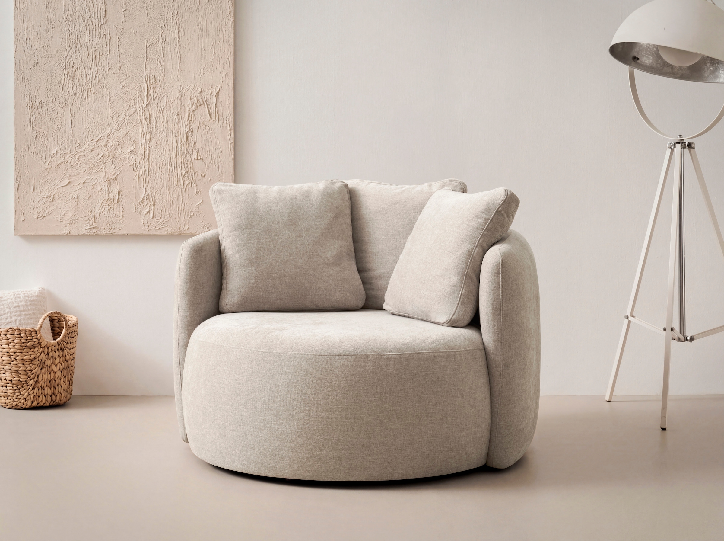 OTTO products Sessel »Kaarl, moderner Rundsessel, Loungesessel, Loveseat« Webstoff, in fünf Farben, inkl. Rückenkissen, zeitloses Design