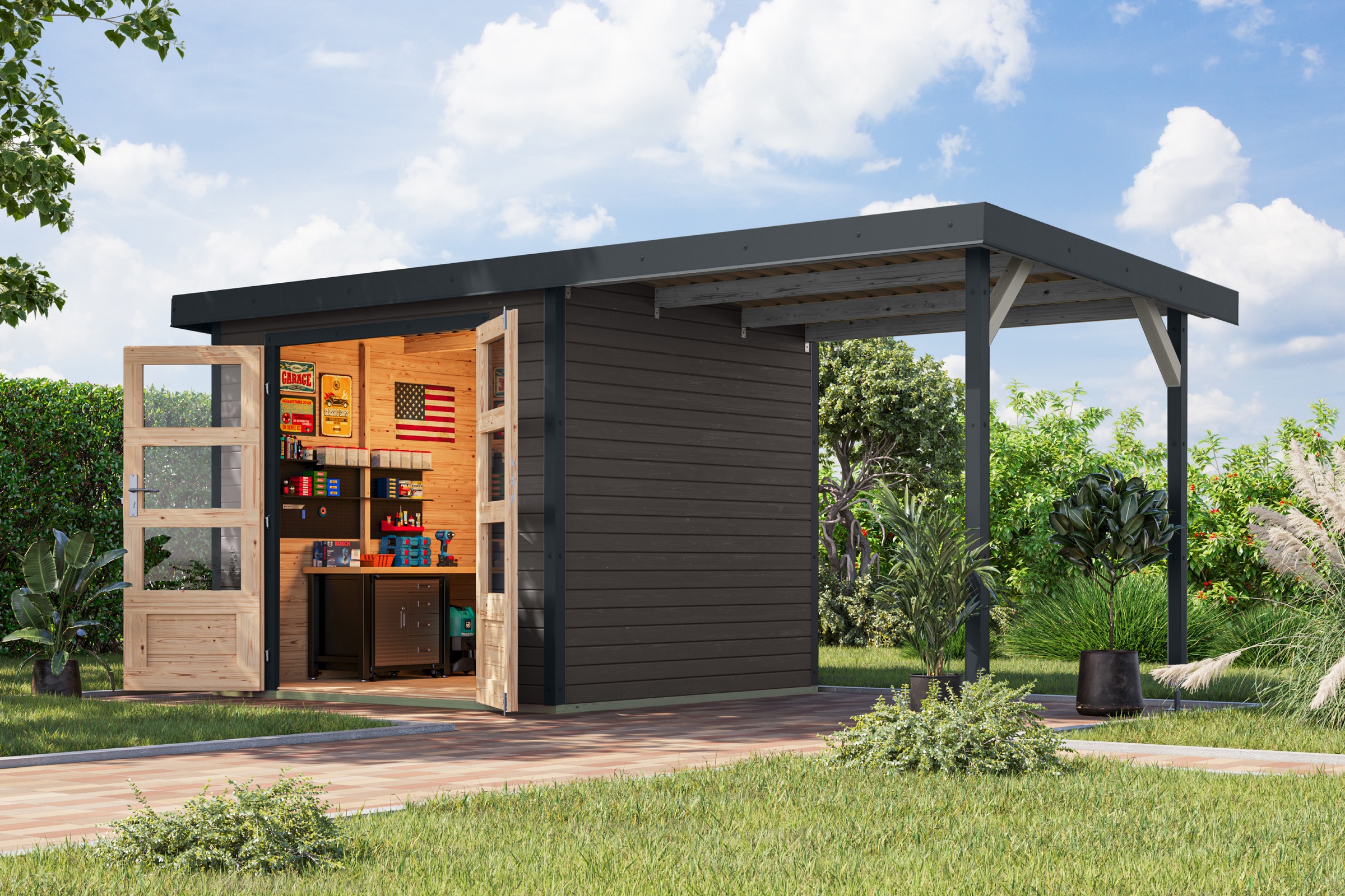 Karibu Gartenhaus "Jupiterino 3 SET, in verschiedenen Farben" inkl. Anbaudach