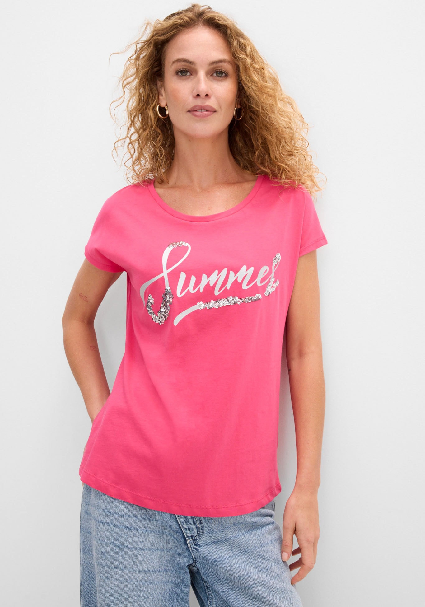 bonprix T-Shirt "Shirt mit Pailletten" lockere Passform, Kurzarm, aus Baumwolle