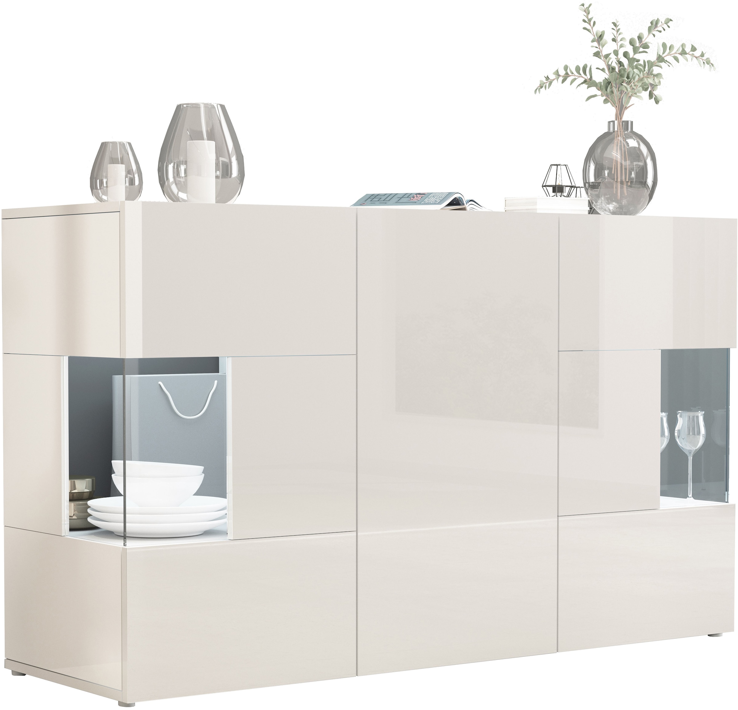 INOSIGN Sideboard »Egypt, Kommode, Schrank, Kredenz, Vitrine grifflos«, 3 Türen davon 2 mit Glaseinsatz, kompl. Hochglanz lackiert Breite 135