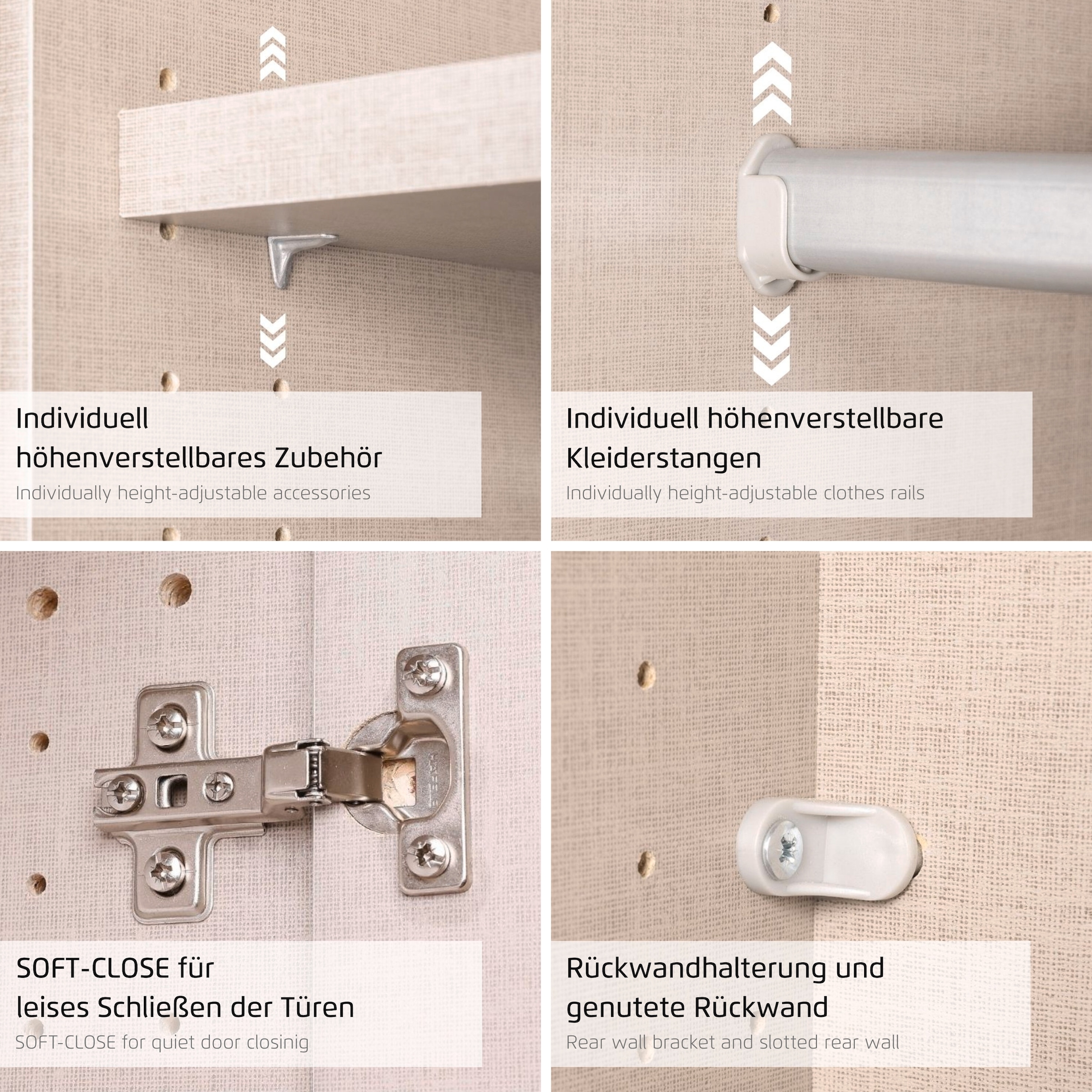 OTTO home Kleiderschrank »Schrank Garderobe ARVEN Breiten 181/226/271cm mit Beleuchtung« 3 verschiedene Ausstattungen BASIC/CLASSIC/PREMIUM (inkl. SOFT-CLOSE),  puristisches Design in Plankenoptik mit Metallgriffen MADE IN GERMANY