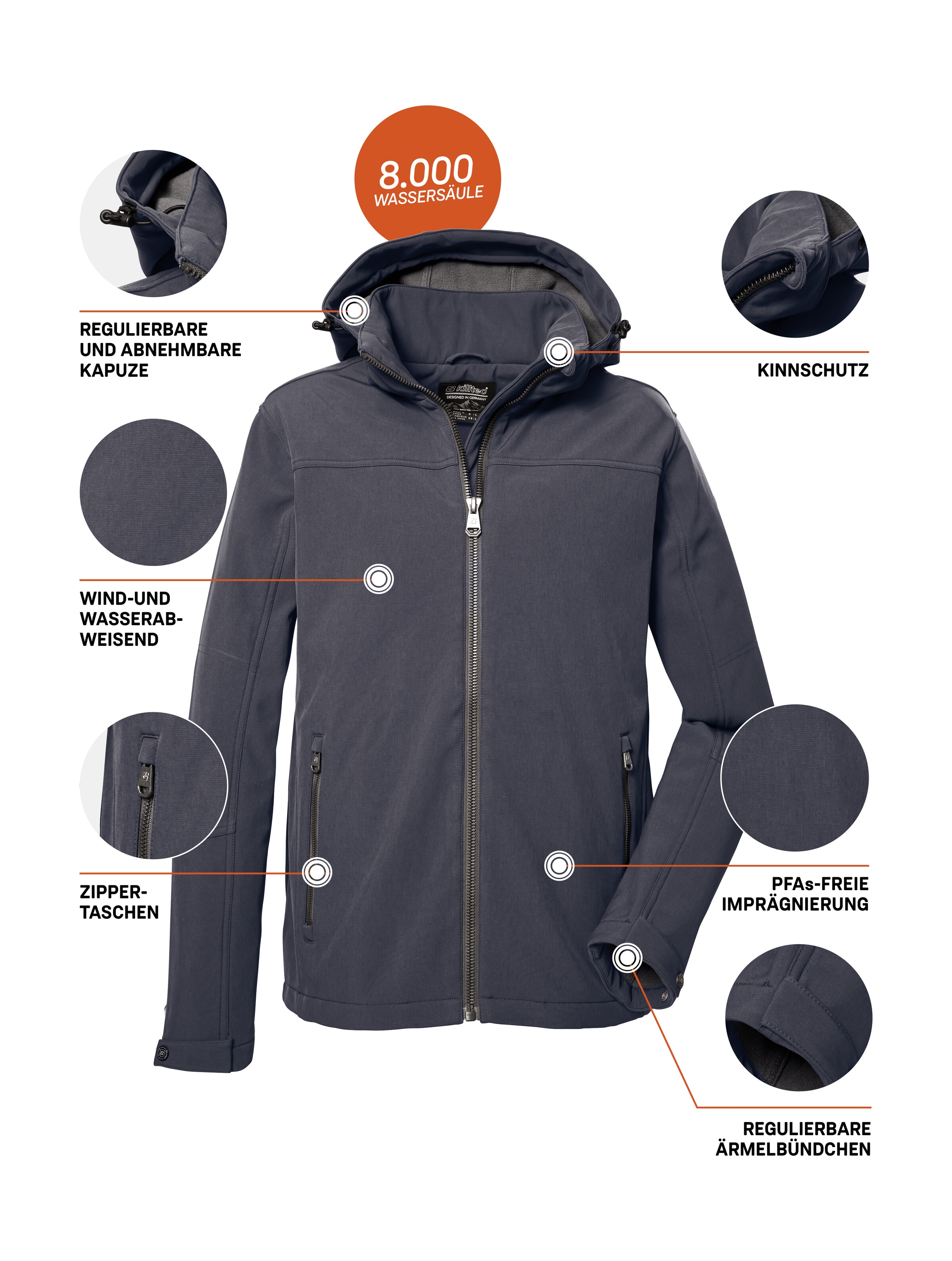 Killtec Softshelljacke »Herren Softshelljacke«, Wasserabweisende Softshelljacke mit Fleece, abnehmbarer Kapuze