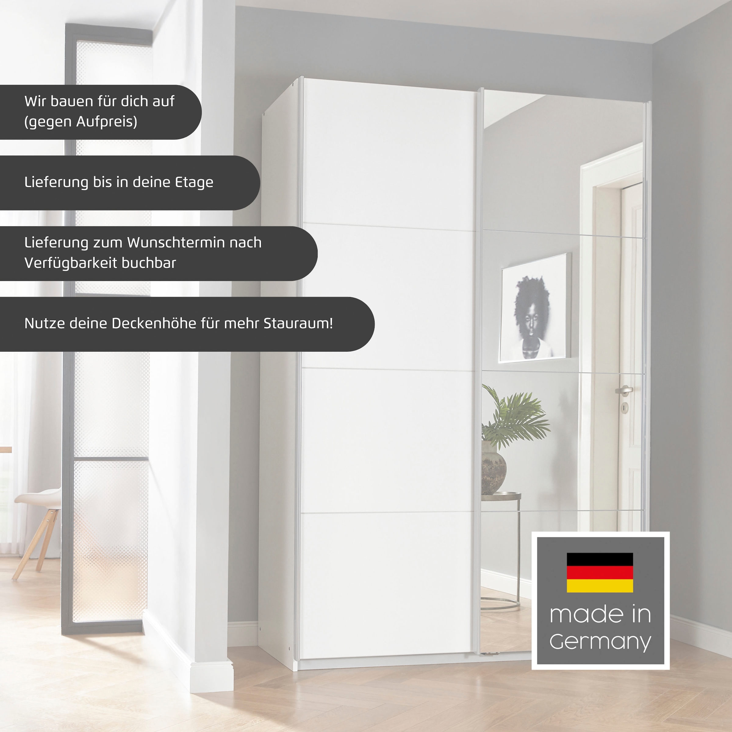 INOSIGN BY RAUCH Schwebetürenschrank »Kleiderschrank Schrank Garderobe Schlafzimmerschrank THANOS«, (in 3 verschiedenen Ausstattungen BASIC/CLASSIC/PREMIUM), Optional mit Spiegel, Metall-Griffleisten alufarben MADE IN GERMANY