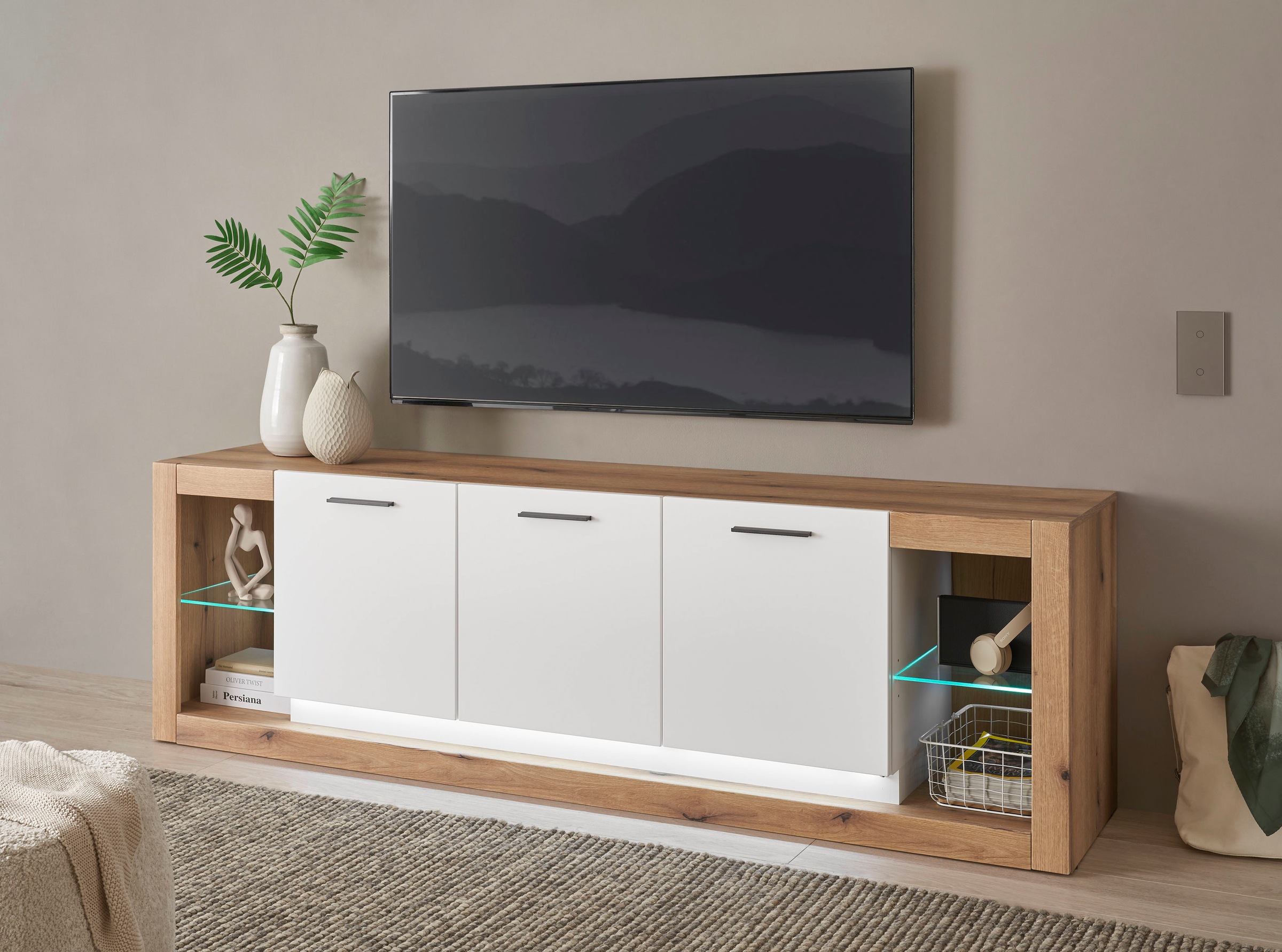 INOSIGN Wohnwand »Brixen, moderne Anbauwand, Wohnzimmer-Set, Eiche Evoke Dekor mit Weiß«, (Set, 2 St.), enthält Lowboard und Wandboard