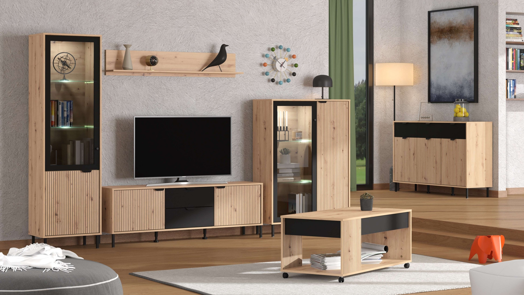 Home affaire Vitrine »Mayenne Vitrinenschrank, Standvitrine, Showcase, B/H: 54,5/195 cm«, Holztür mit Rillen-Optik, Glastür, Modernes Design
