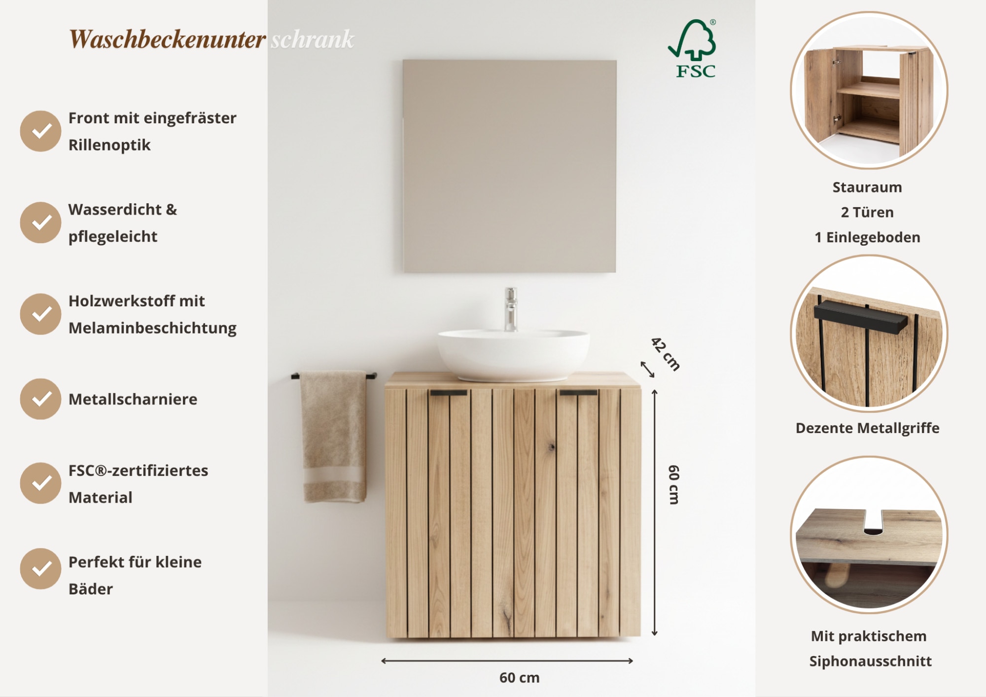 OTTO home Waschbeckenunterschrank »Amrum« Breite 60 cm dekorative Lamellenoptik