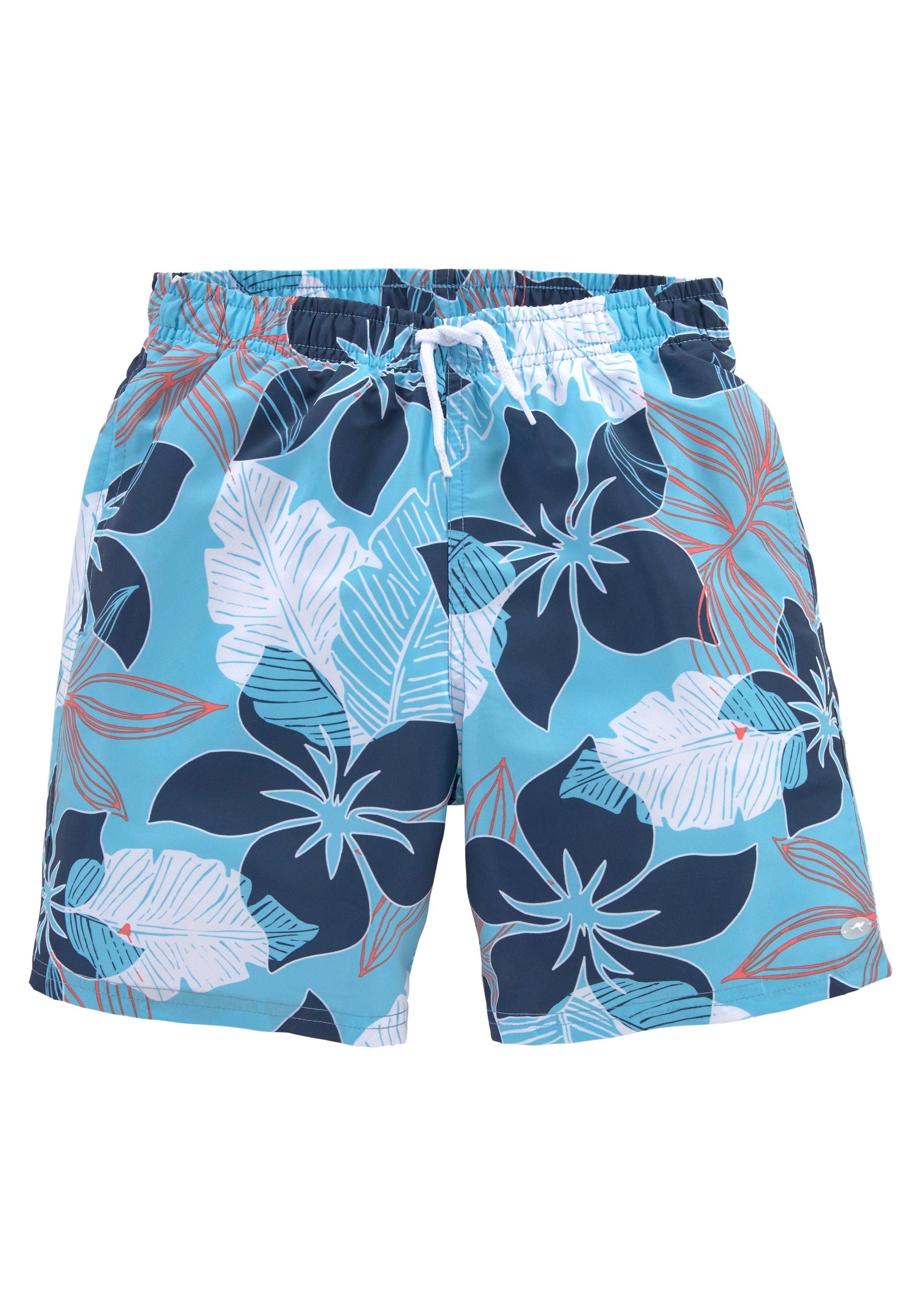 KANGAROOS Jungen Badeshorts "Moloka Kids", blau, Gr. 146, floral, Microfaser, Polyester, Badehosen, mit Hawaiiprint