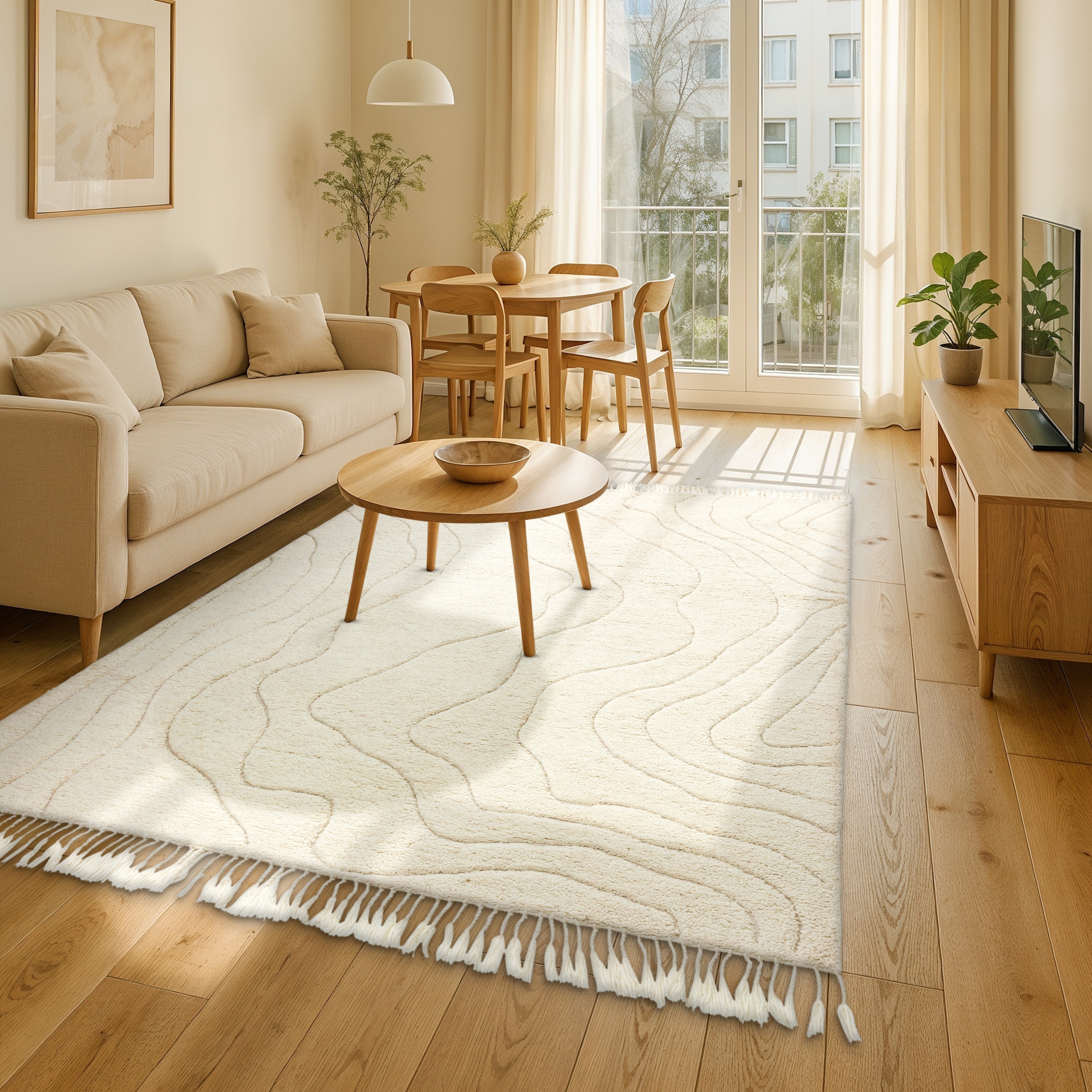 SCHÖNER WOHNEN-Kollektion Wollteppich »Liora« rechteckig 20 mm Höhe reine Wolle, Linien, mit Fransen, Ton in Ton, Wohnzimmer