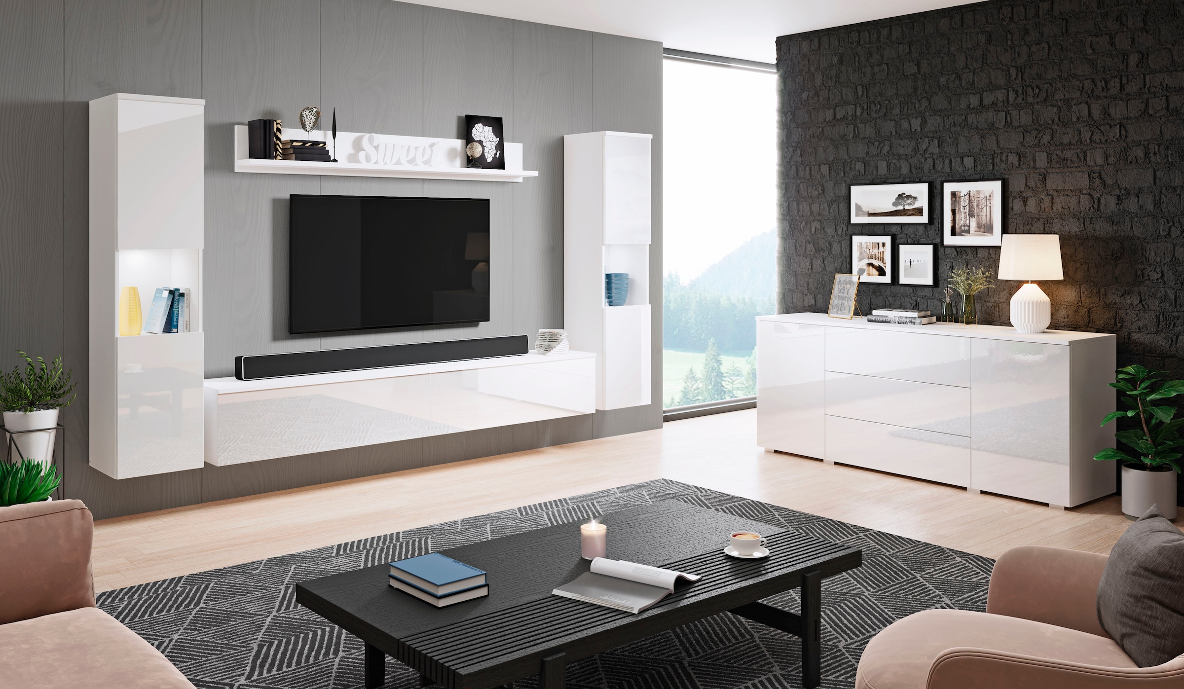 INOSIGN Wohnwand »PARIS, Vitrine Türanschlag links/rechts wechselbar«, (Komplett-Set, 4 St.), grifflose Design, stehend und hängend montierbar