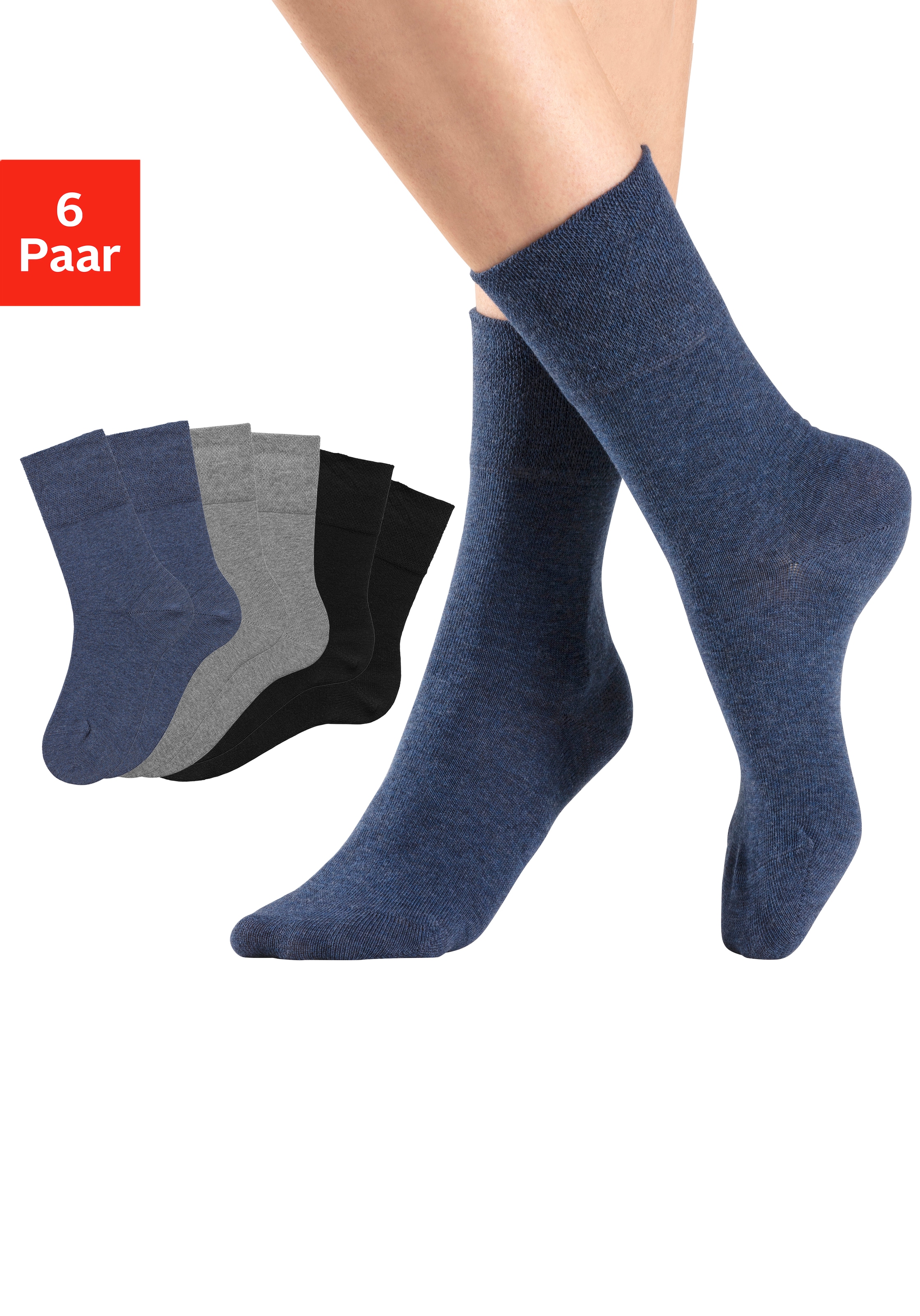 H.I.S Socken "Damen Herren Basic Socken" Packung, 6 Stk. tlg. mit Komfortbund auch für Diabetiker geeignet