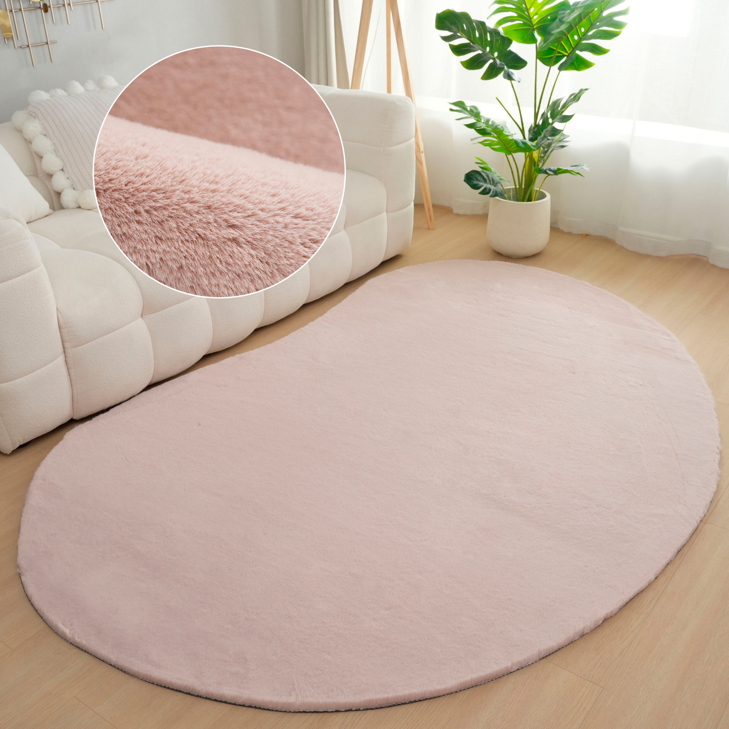 Bruno Banani Hochflor-Teppich »Rabbit 2 Bean, Kunstfell Teppich, Modern, besondere Form«, U-förmig, 25 mm Höhe, Kaninchenfell-Haptik, Microfaser, Wohnzimmer, Schlafzimmer, Esszimmer
