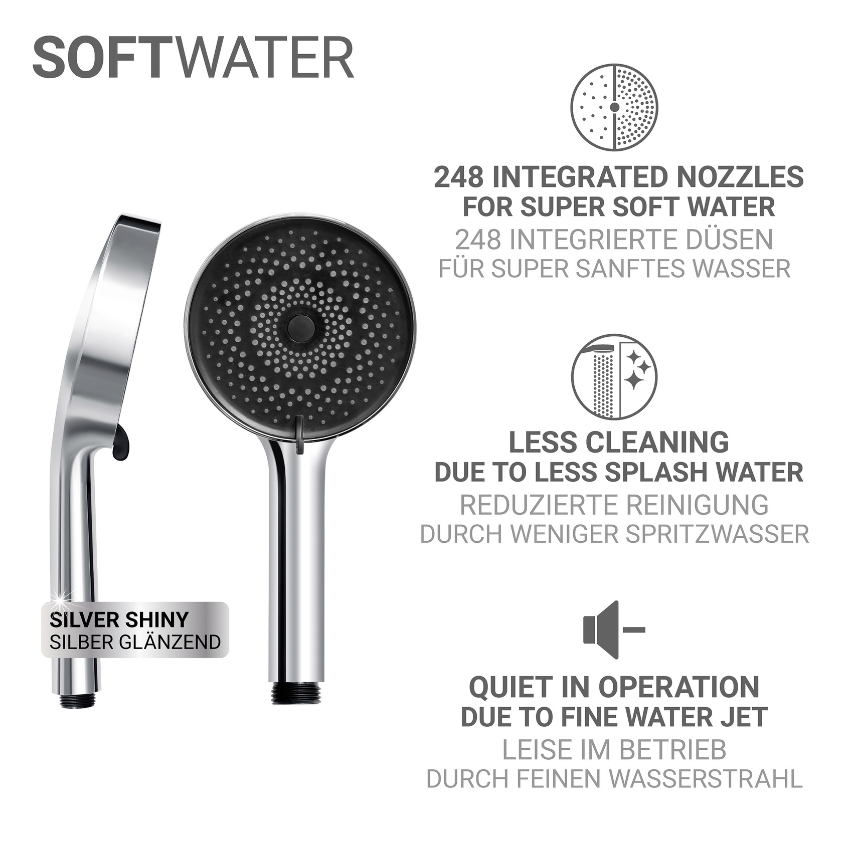 WENKO Handbrause »Softwater« Duschkopf mit 3 Strahlarten, Ø 12 cm, mikrofeine Düsen, sanftes Wasser