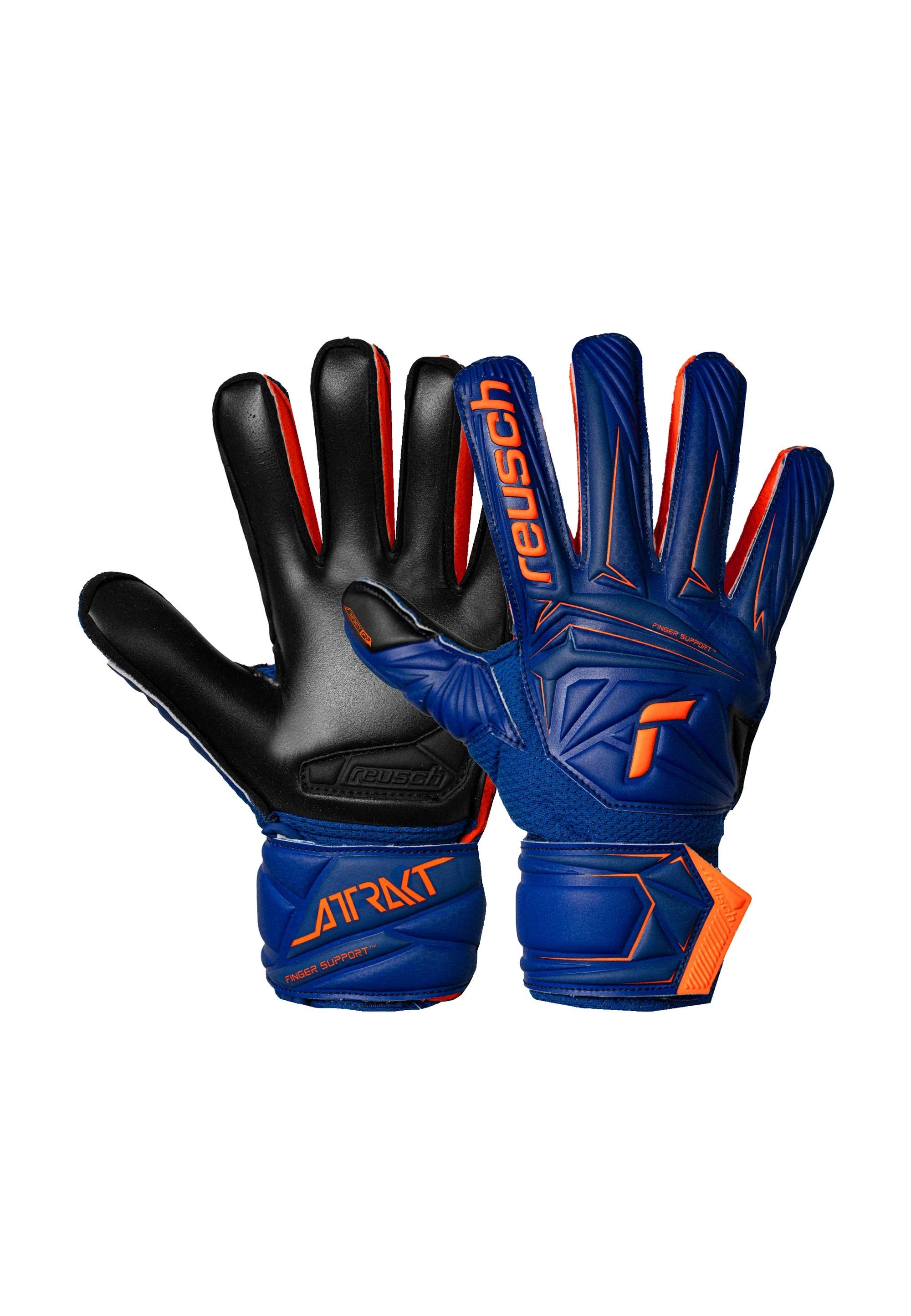 Torwarthandschuhe REUSCH "Attrakt Infinity Finger Support Junior", Kinder, Gr. 8, dunkelblau, orange, 30% Polyester, 25% Latex, 9% Polypropylen, 5% Polyurethan, 1% Baumwolle, Handschuhe, mit integriertem Fingersupport-System