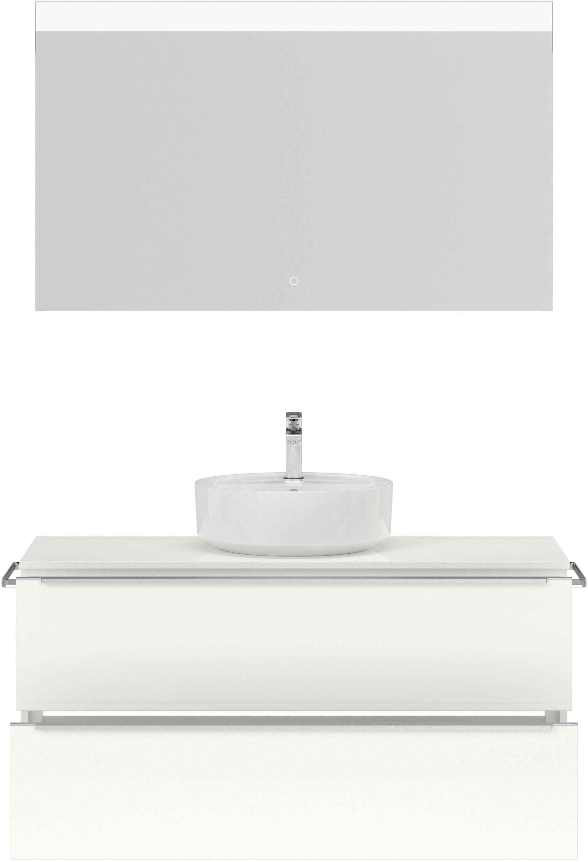 nobilia® Badmöbel-Set »Alvene«, (2 St., vormontiert, mit Soft-Close), Hochglanz, inkl. Spiegel mit Touch-Sensor, in vier Breiten
