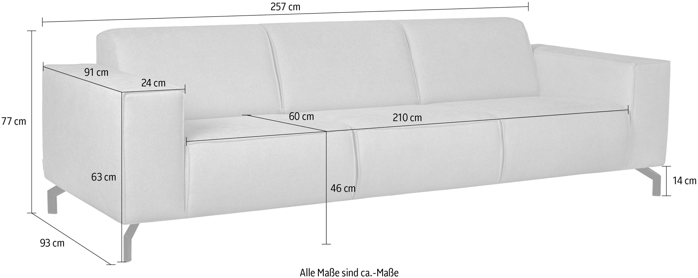 Home affaire 3-Sitzer »Lorcan 257 cm, weiches Sitzgefühl« mit schwarzen Metallfüßen, Lederoptik und in weichem Strukturstoff