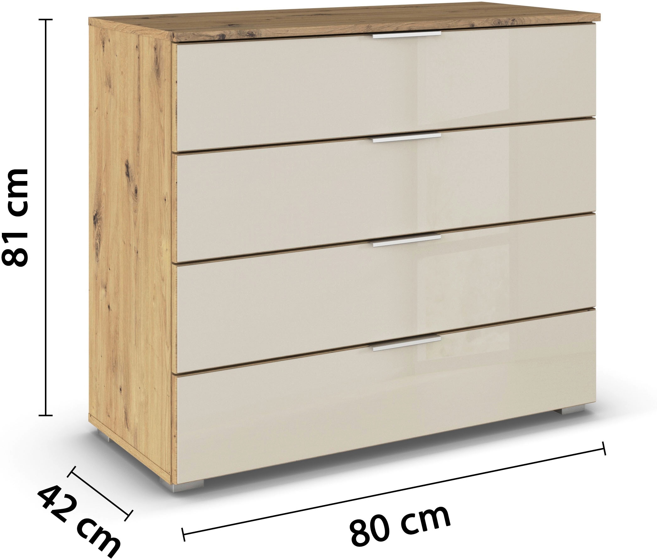 rauch Schubkastenkommode »Sideboard Schubladenkommode Schubladenkommode AGORDO mit Glasfront«, (in zwei Griff-Farben, Breite 80 cm), vier große und geräumige Schubladen mit viel Stauraum MADE IN GERMANY
