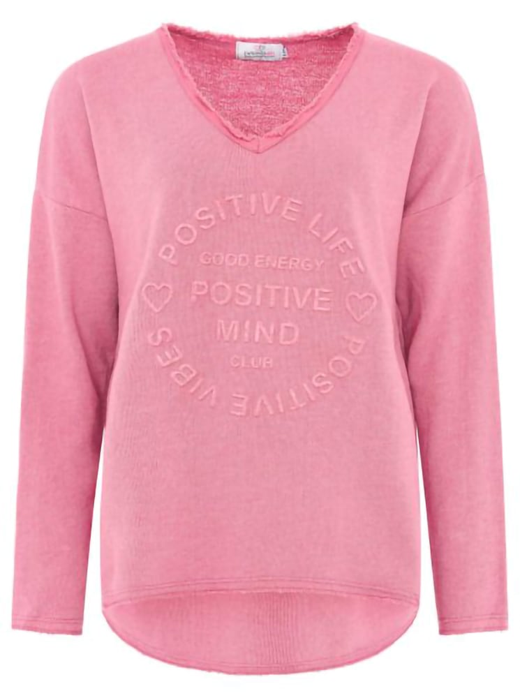 Zwillingsherz Sweatshirt »"Positive Mind"«, ausgefranster V-Ausschnitt, Used Look, Langarm, Schriftzug
