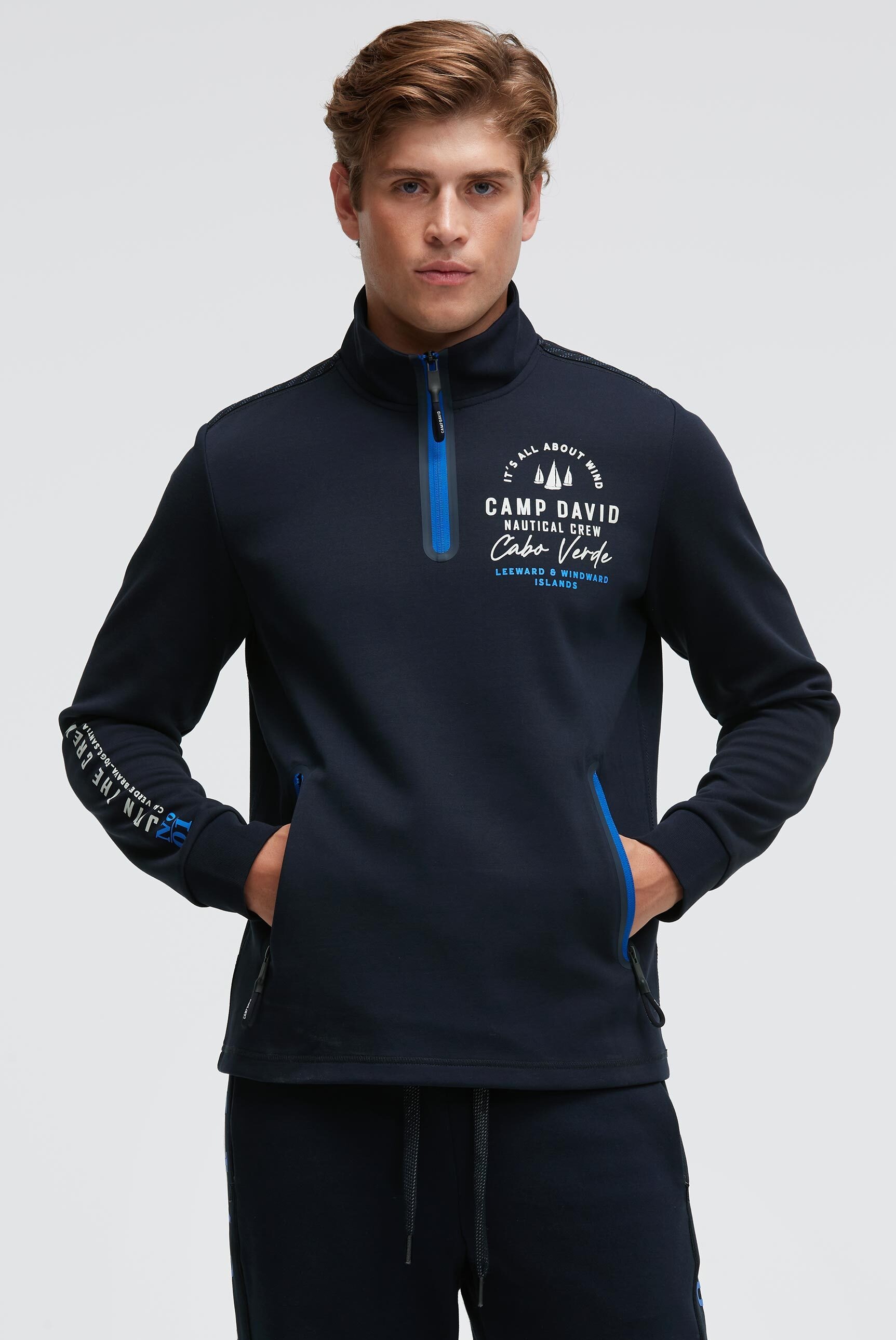 Sweater CAMP DAVID, Herren, Gr. 3XL, blau, Jersey, Material: 70% Baumwolle, 30% Polyester, bedruckt, regular fit normal, hoch geschlossener Ausschnitt, eingesetzt Rippbündchen, Sweatshirts Sweater, mit Reißverschluss-Taschen