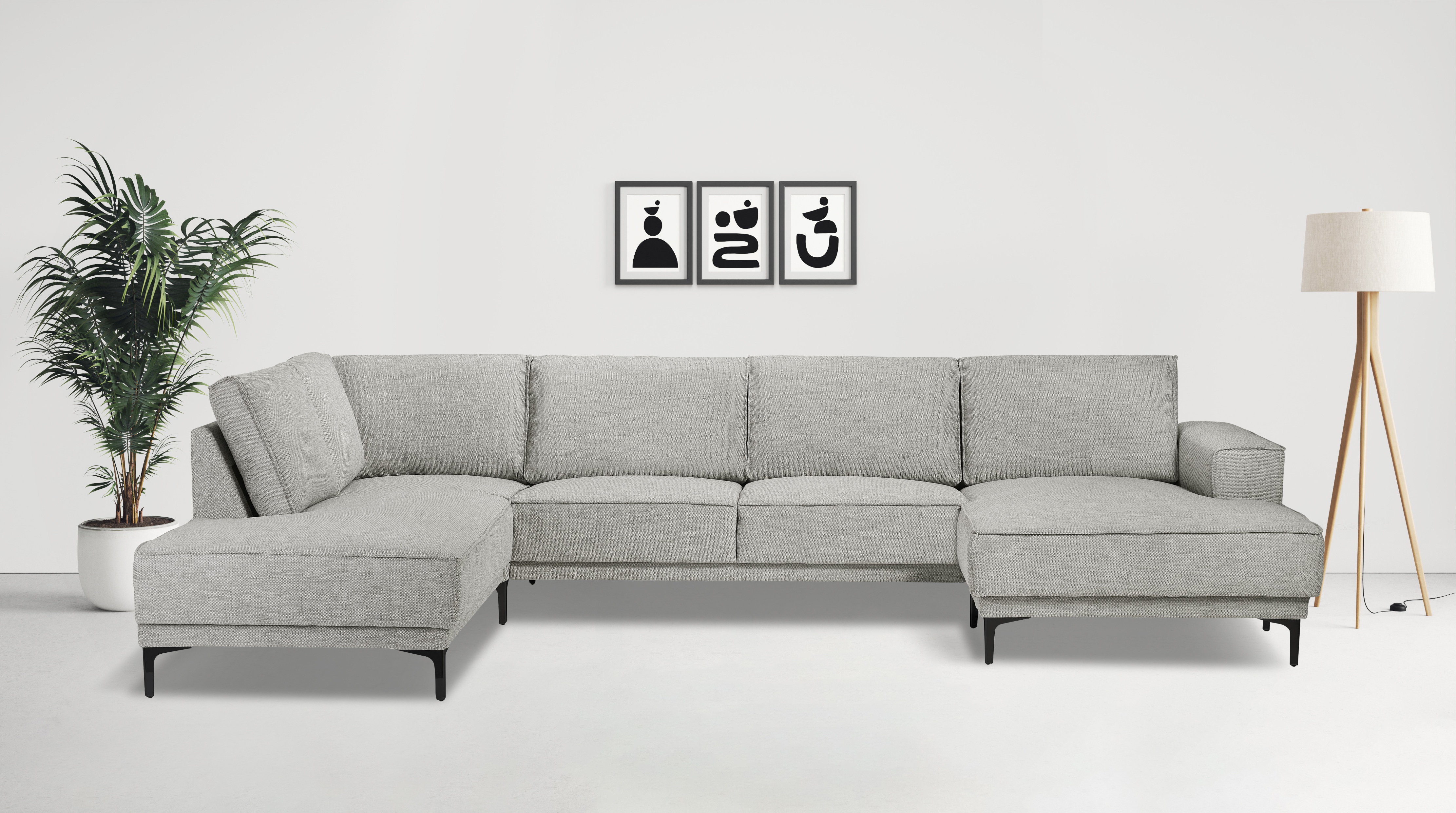 OTTO home Wohnlandschaft "OLAND Flachgewebe U-Form, XXL, B: 345 cm, Skandi-Design" U-Form, 345 cm, Wellenunterfederung, Skandi-Design, Metallfüße