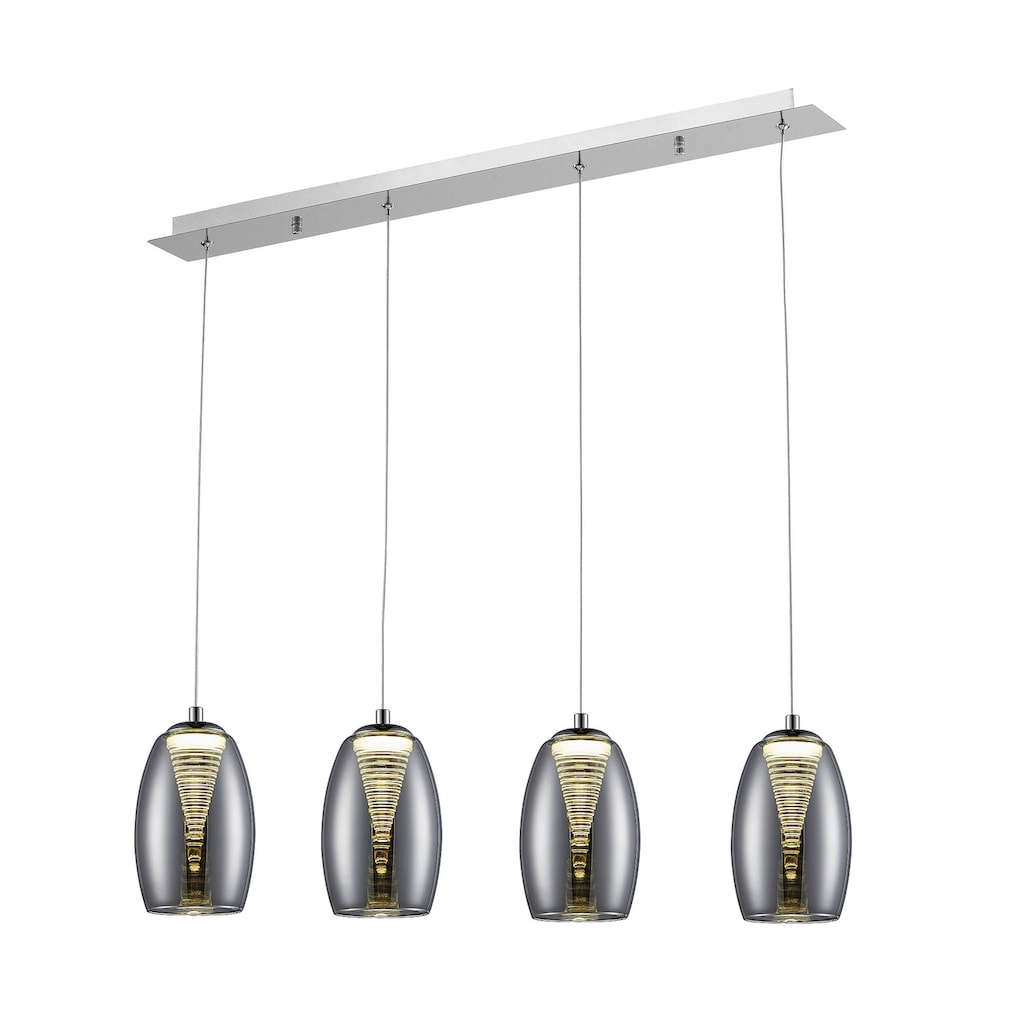 Brilliant LED Pendelleuchte »Metropolis«, 4 flammig-flammig, H 121 cm, B 72 cm, easydim, 2000 lm, warmweiß, Rauchglas/Metall, chrom