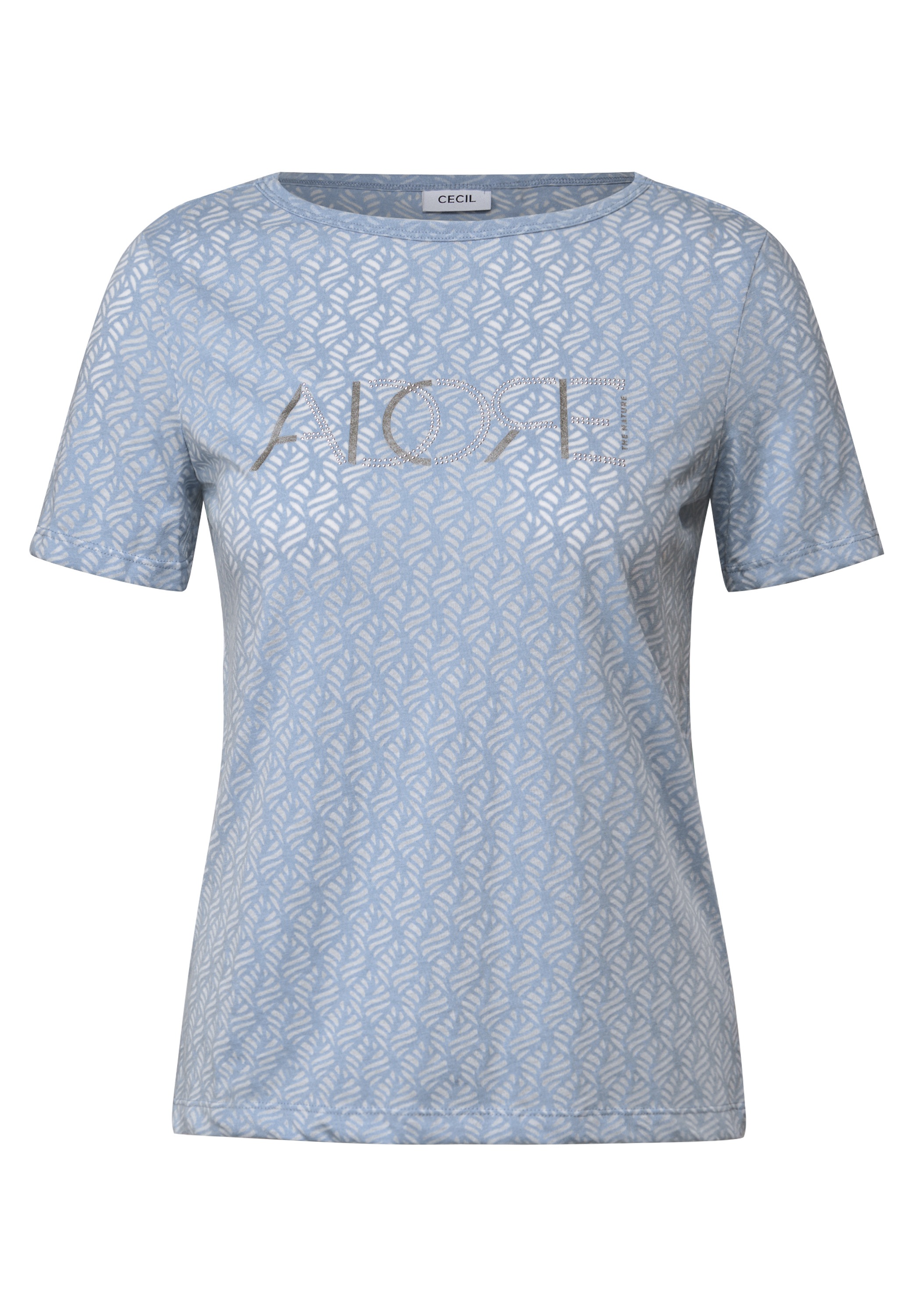 T-Shirt CECIL, Damen, Gr. L (42), blau (mountain blau), Web, 50% Baumwolle, 50% Polyester, bedruckt, normal normal, U-Boot-Ausschnitt, abgesteppt, Shirts T-Shirt, mit Burnout-Optik 3