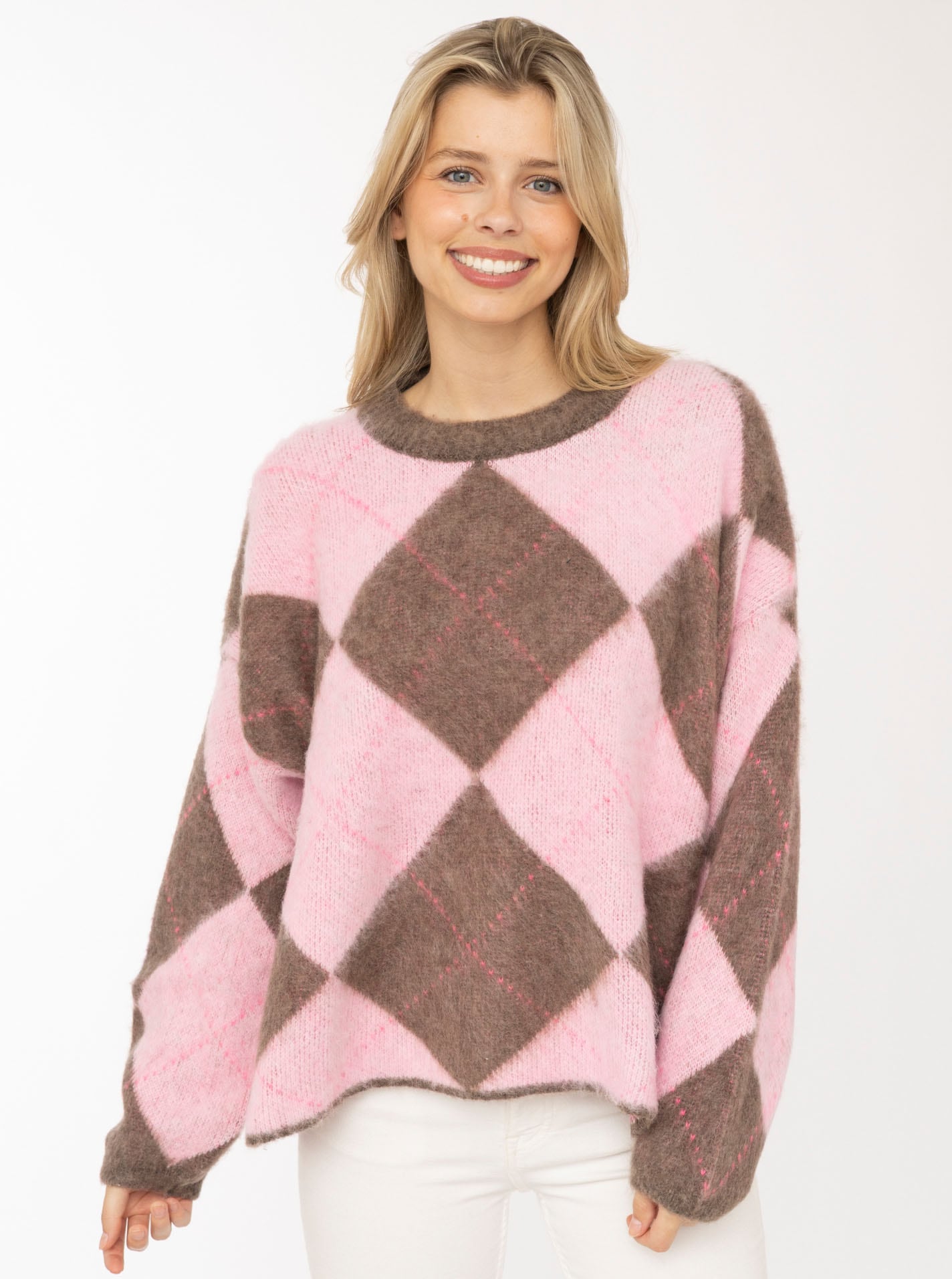 Zwillingsherz Strickpullover ""Soft Argyle"" Rundhals, angesagtes großes Rautenmuster, farbenfroh, One Size