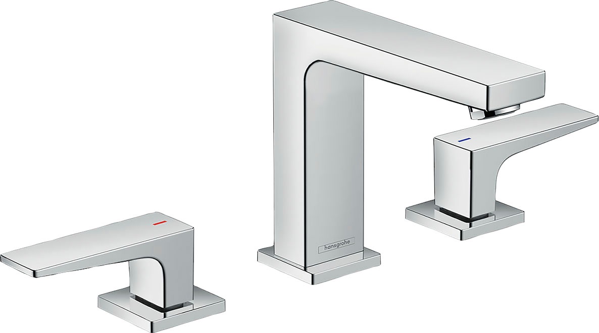 hansgrohe Waschtischarmatur "Metropol", 3-Loch 11cm, mit Hebelgriffen und Push-Open Ablaufgarnitur, chrom