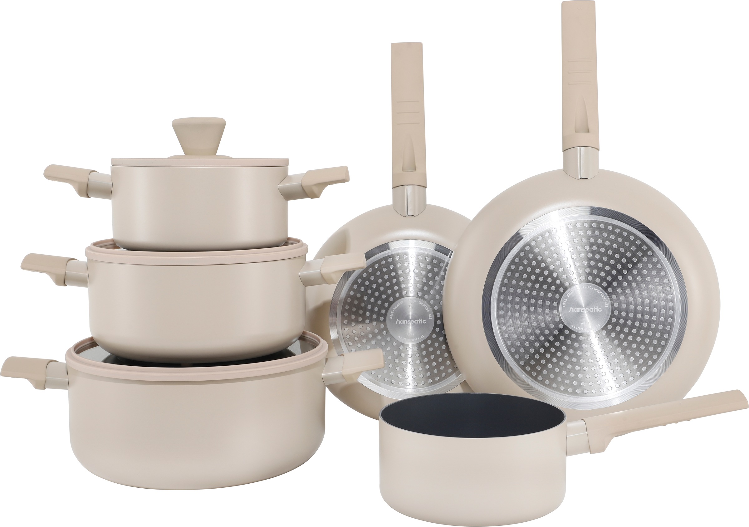 Hanseatic "ALU SCANDI, mit Antihaftbeschichtung" Set, Stielkasserolle 16 cm, Kochtopf 16/20/24 cm, Bratpfanne 24/28 cm, 9 tlg. Aluminium