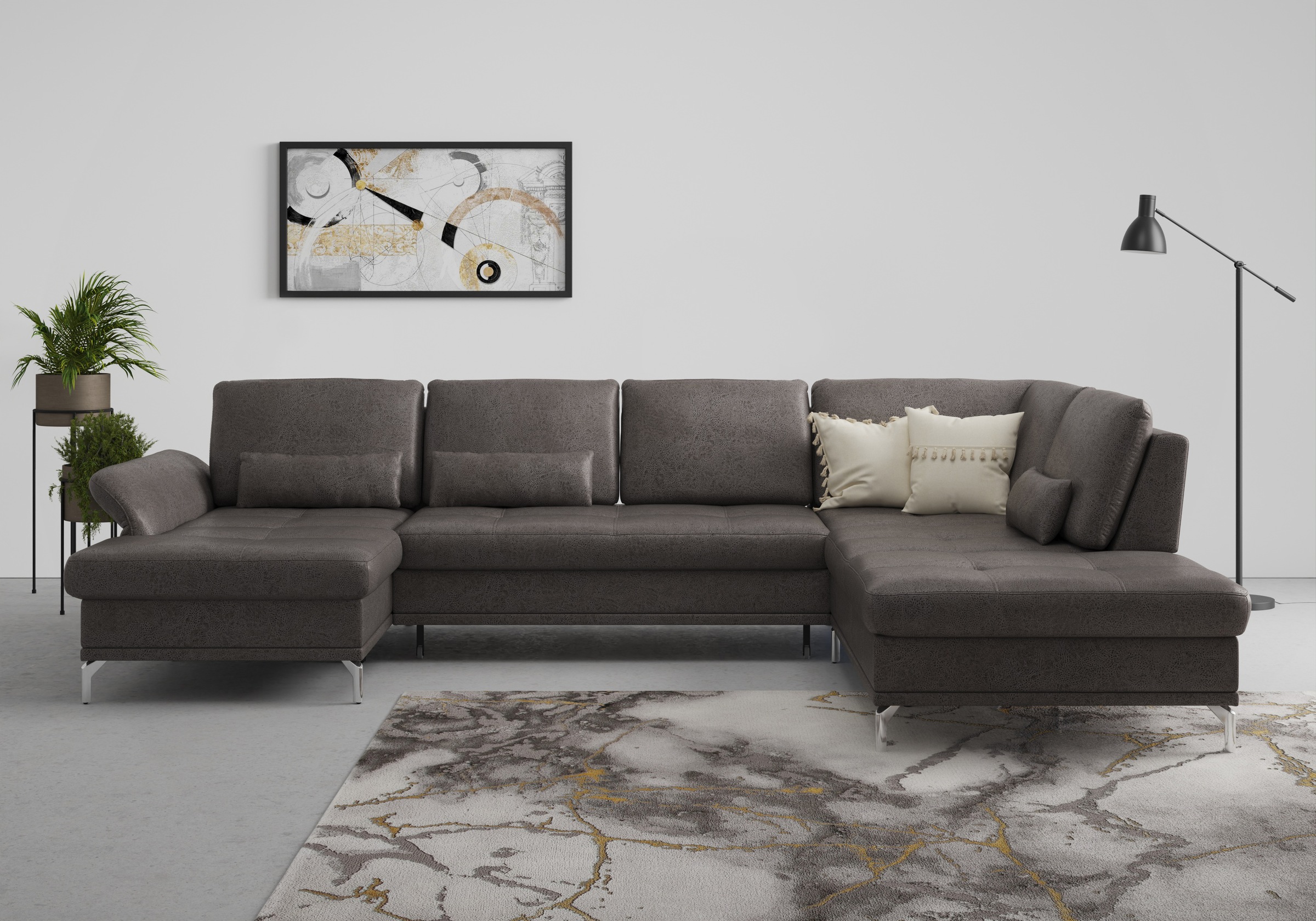 Wohnlandschaft HOME AFFAIRE "Palm Beach U-Form", grau (anthrazit), B:347cm H:89cm T:224cm, 100%Polyester, Sofas, Wohnlandschaft, Federkern, mit Sitztiefenverstellung, wahlweise mit Bettfunktion 8