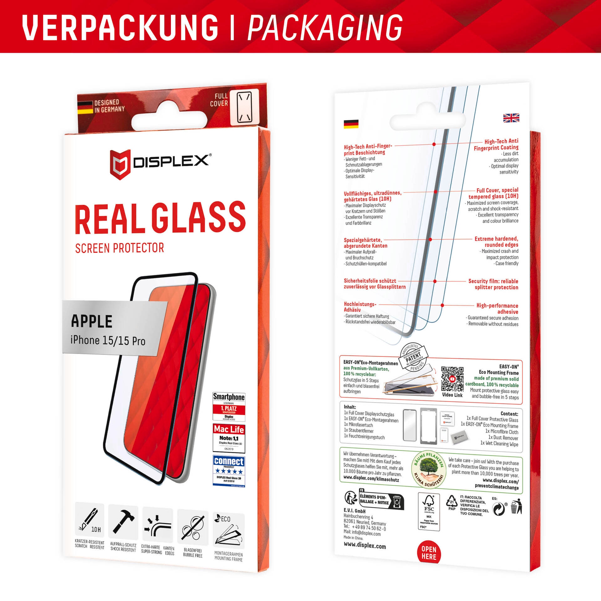 Displex Displayschutzglas »Real Glass FC«, für Apple iPhone 15-Apple iPhone 15 Pro, Displayschutzfolie Displayschutz kratzer-resistent 10H splitterfest