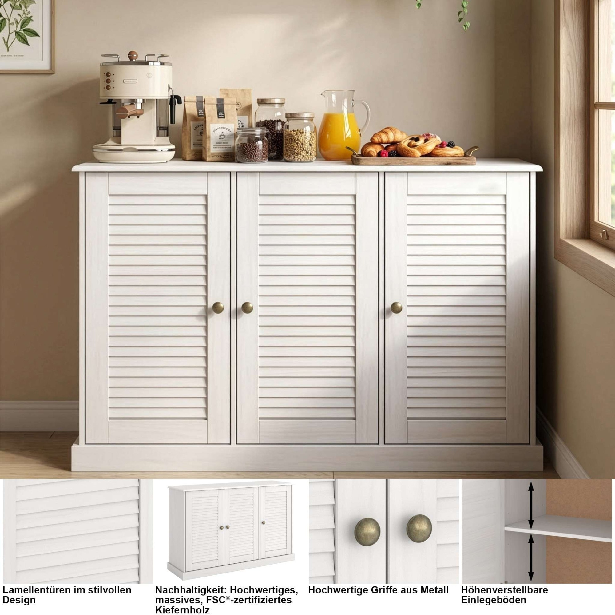 OTTO home Sideboard »Turia, mit Lamellentüren« Kommode aus massivem Kiefernholz, FSC®, Breite 125 cm
