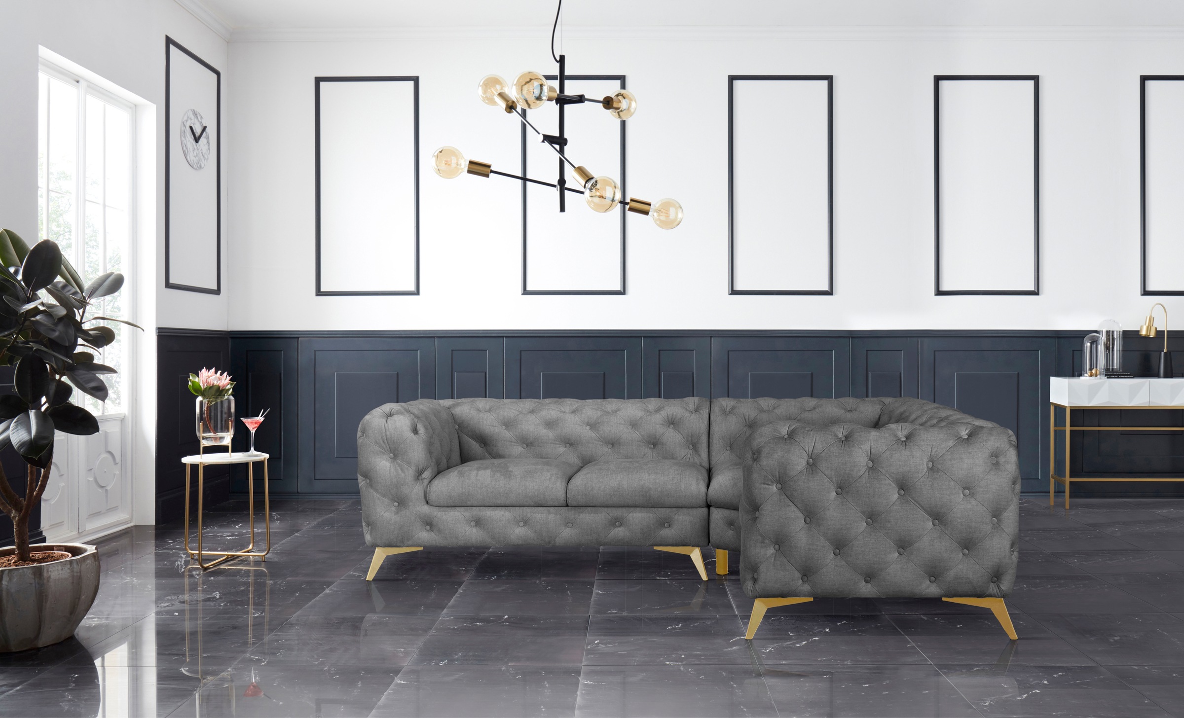 Leonique Chesterfield-Sofa "Ecksofa GLYNIS L-Form mit Wellenunterfederung, günstig online kaufen
