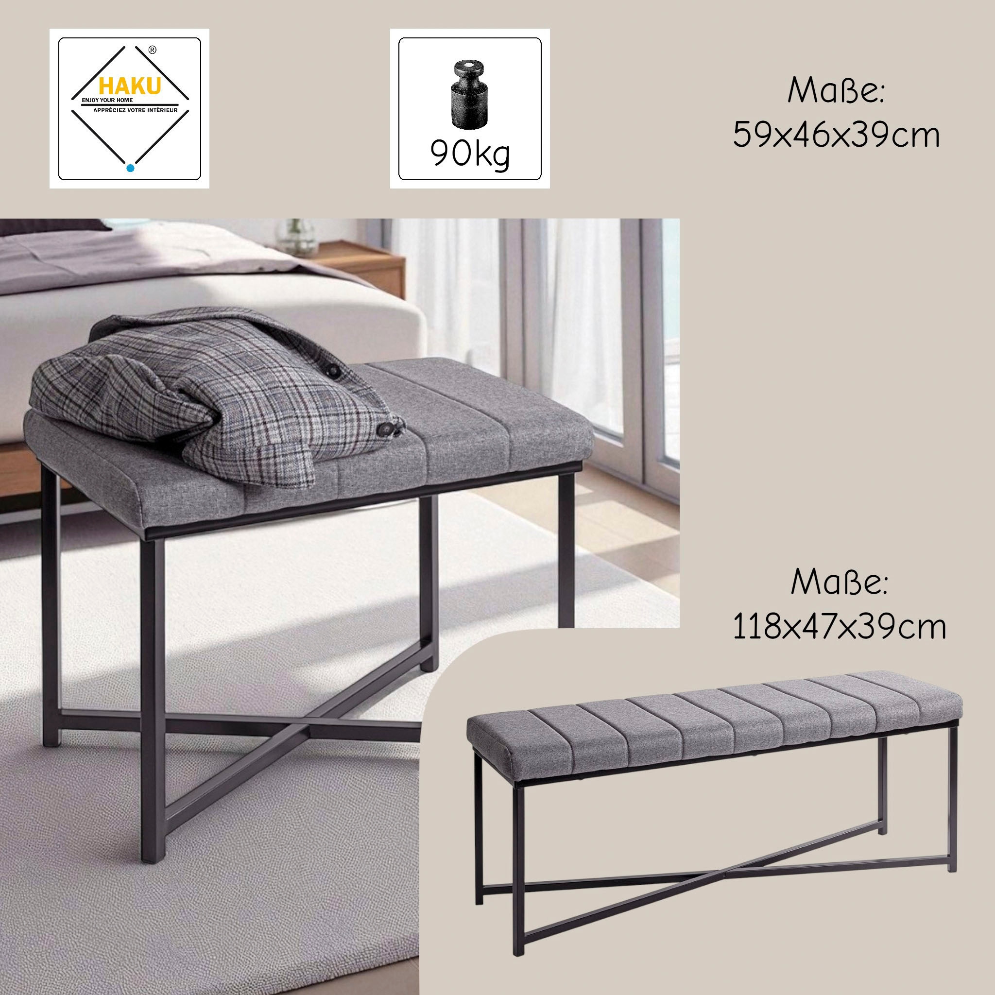 HAKU Hockerbank »Flurbank, Garderobenbank, Sitzbank« 1 Stk. tlg. rechteckig - aus Metall Schwarz - B/T/H 59/39/46 cm