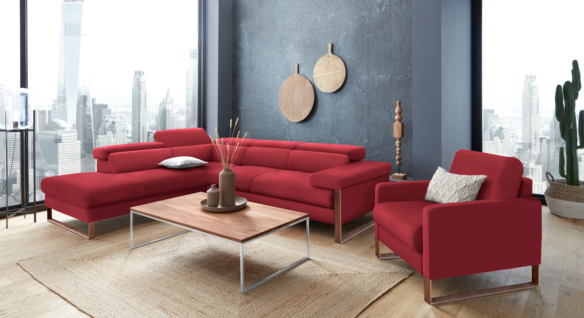 W.SCHILLIG Ecksofa »finn, Designsofa mit tollem Sitzkomfort, bequem, L-Form«, German Design Award 2016, Fußgestell Nussbaum natur, Breite 281 cm
