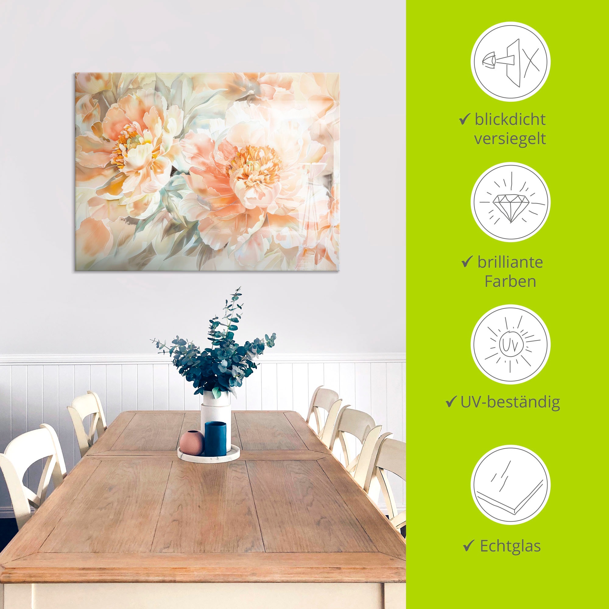 Artland Glasbild »Pfirsisch Farbene Pfingstrosen Aquarell« 1 Stk. tlg. in verschiedenen Größen