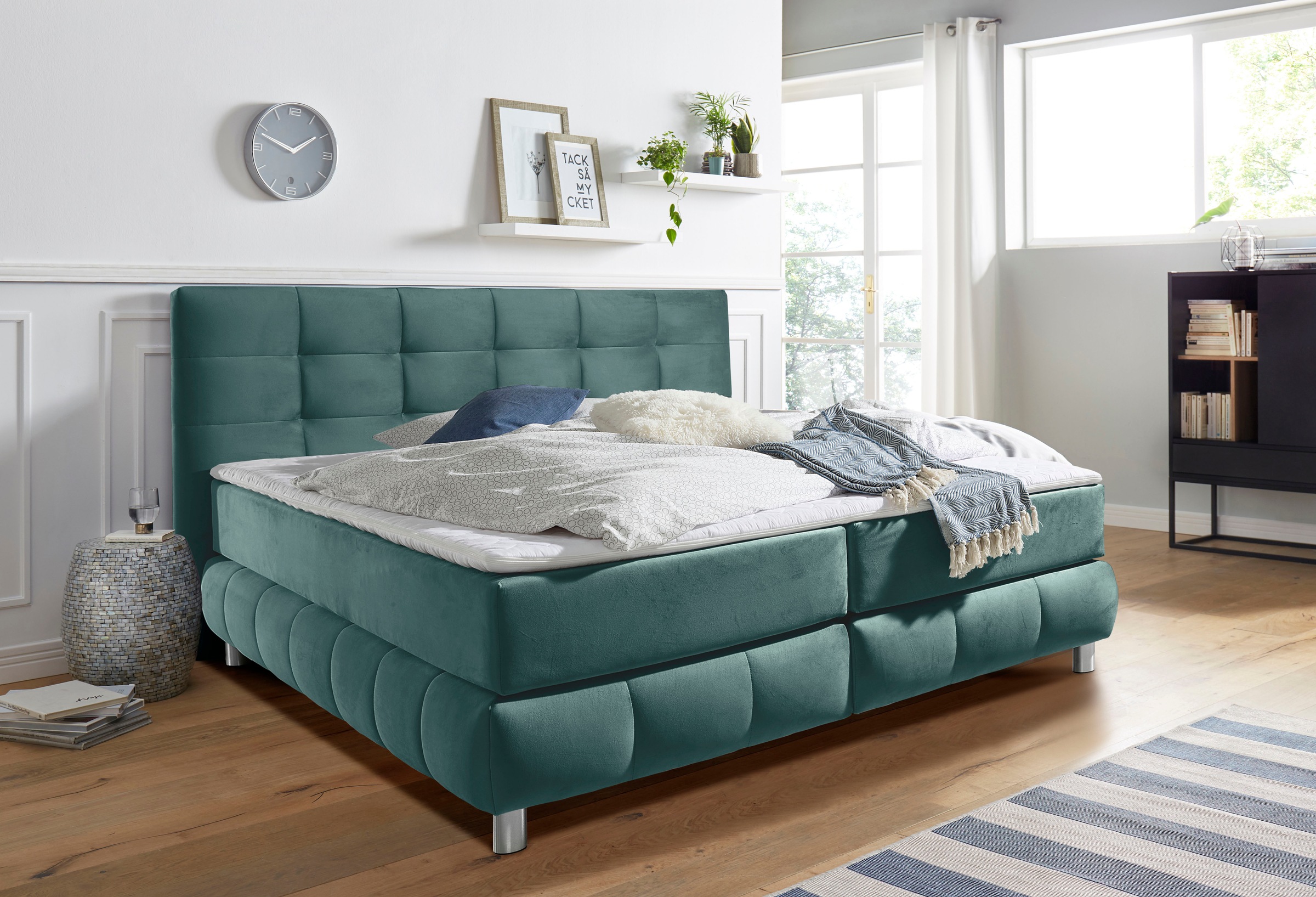Boxspringbett HOME AFFAIRE "Salo", blau (petrol), B:174cm L:211cm, Struktur (100% Polyester);Bezug der Spiegelfläche Matratzendrell aus 100% Polyester;Samtoptik (100% Polyester), Komplettbetten, Boxspringbett, incl. Topper, 6 Breiten, 2 Härtegrade, TFK au