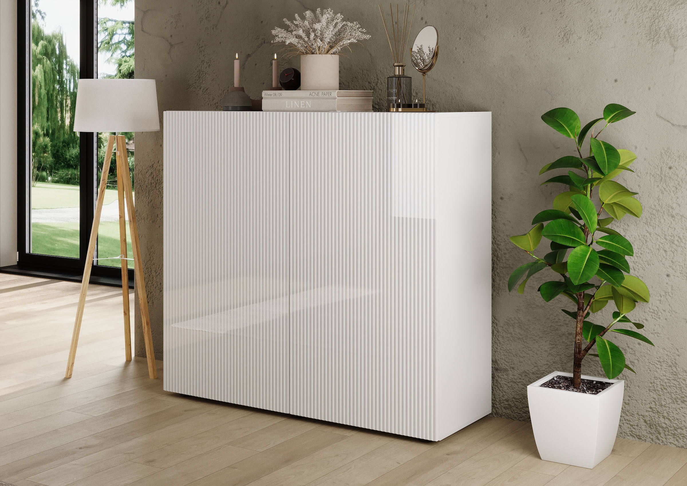 INOSIGN Highboard »Rio Höhe 111 cm u. Breite 120 cm, Kommode mit 2 Türen,«, geriffelte Front, modern u. elegant, viel Stauraum