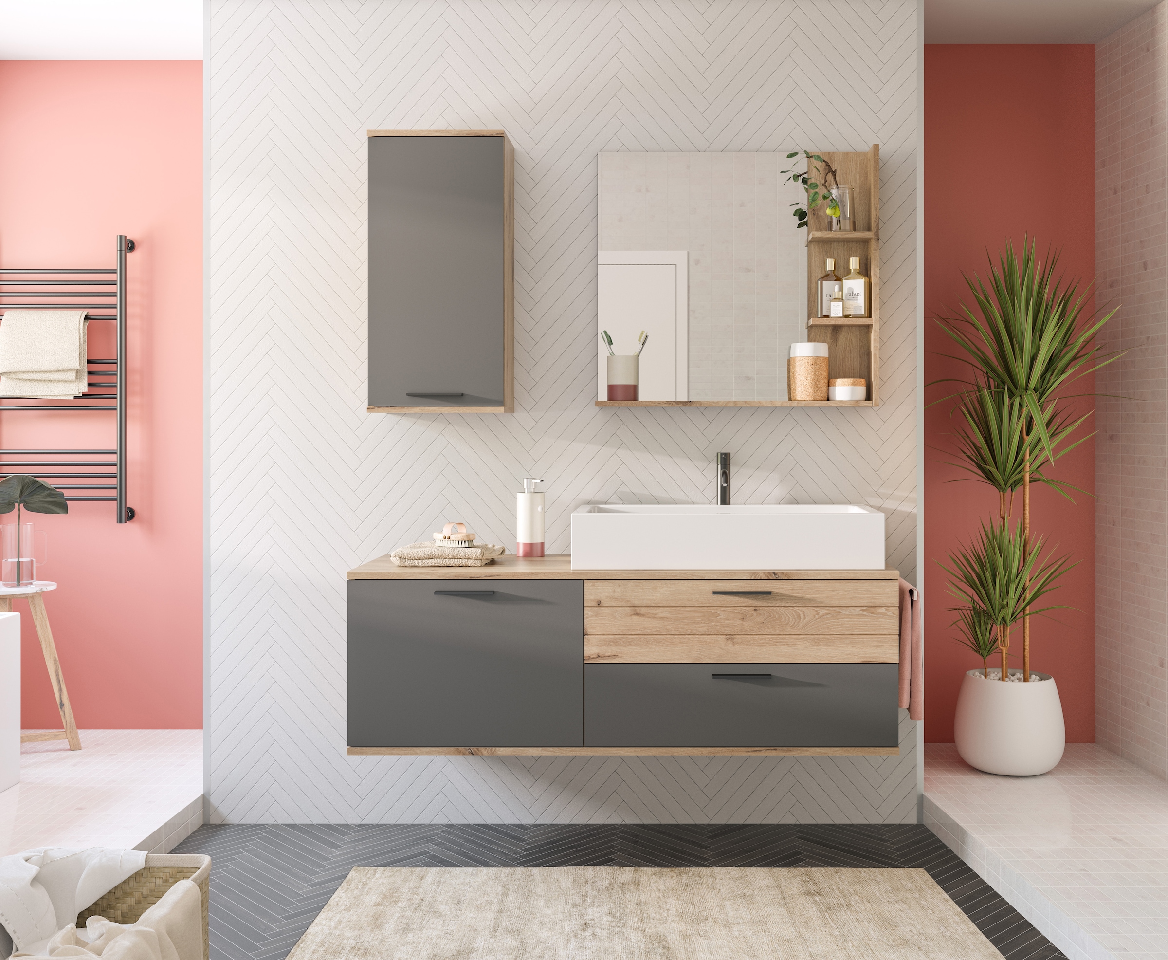 INOSIGN Badmöbel-Set »Riga, 3 teilig, inklusive Keramik-Aufsatzwaschbecken, bestehend aus:«, (Set, 3 St.), Waschtisch-Set, Hängeschrank, Badspiegel
