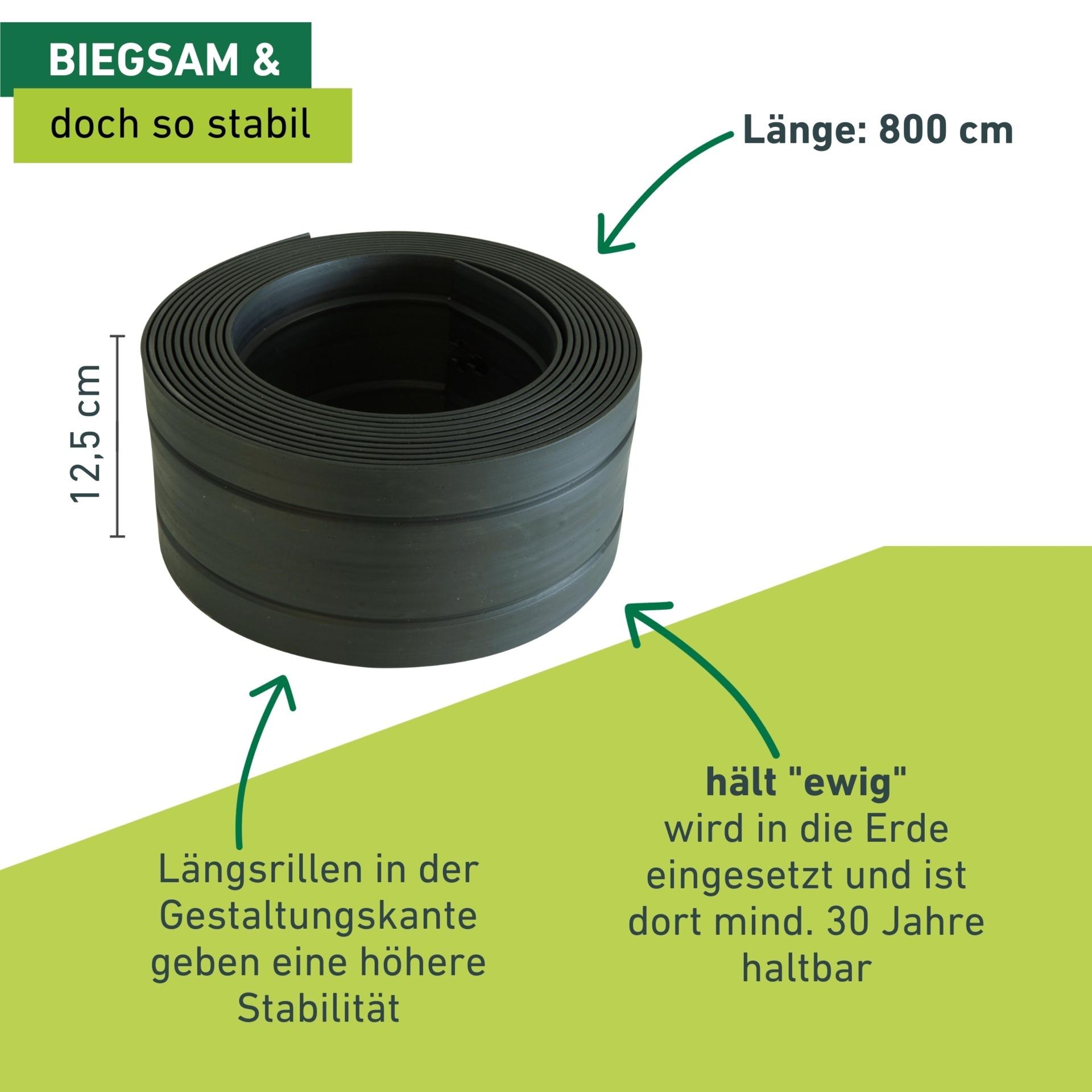 Windhager Rasenkante »und Gestaltungskante aus Kunststoff« biegsame Beetumrandung, 30 Jahre haltbar 12,5 cm x 800 cm, schwarz